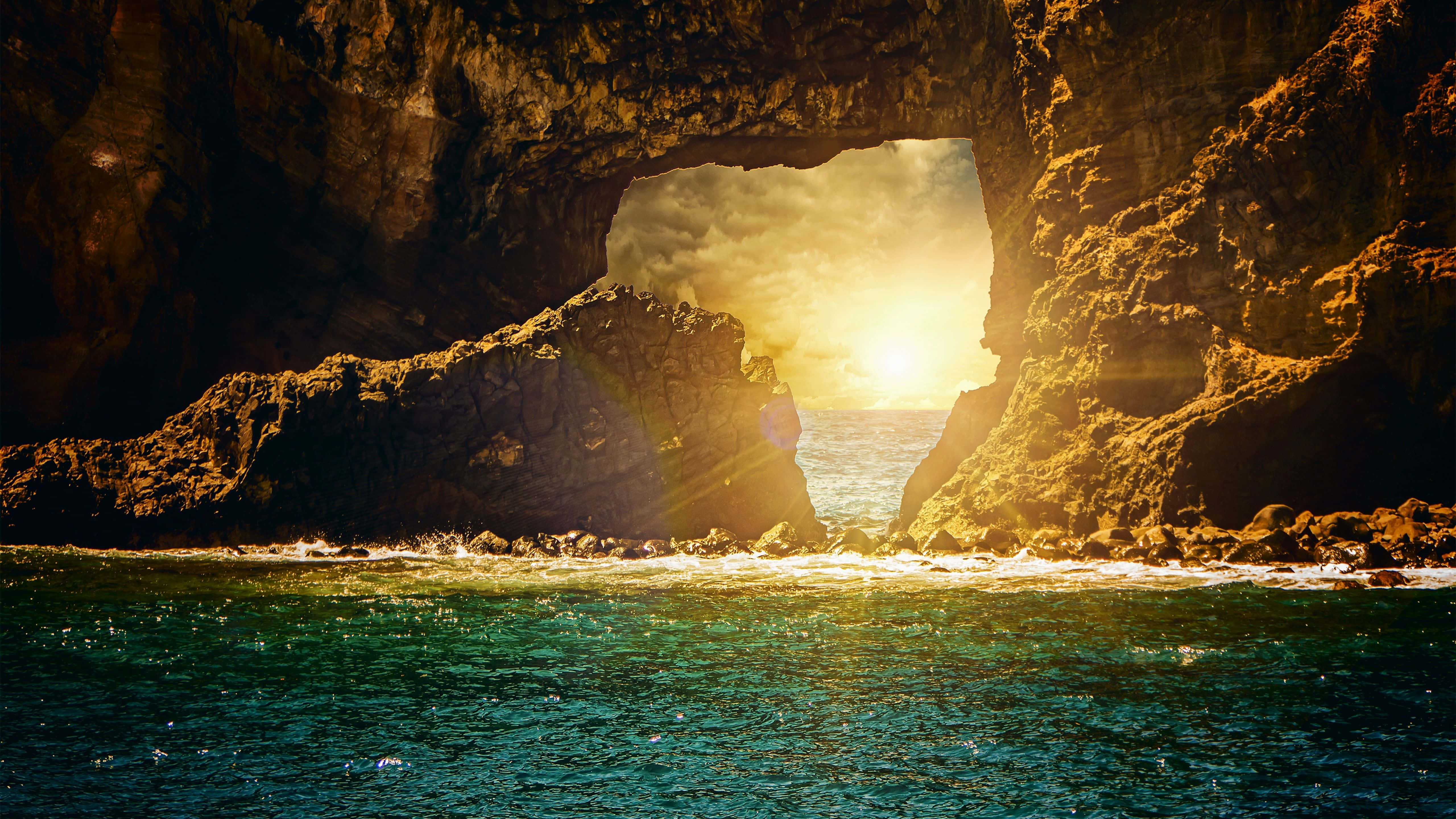 Sunset, Coastal Shoreline, Sea Cave Arch, 5K Desktop Wallpaper