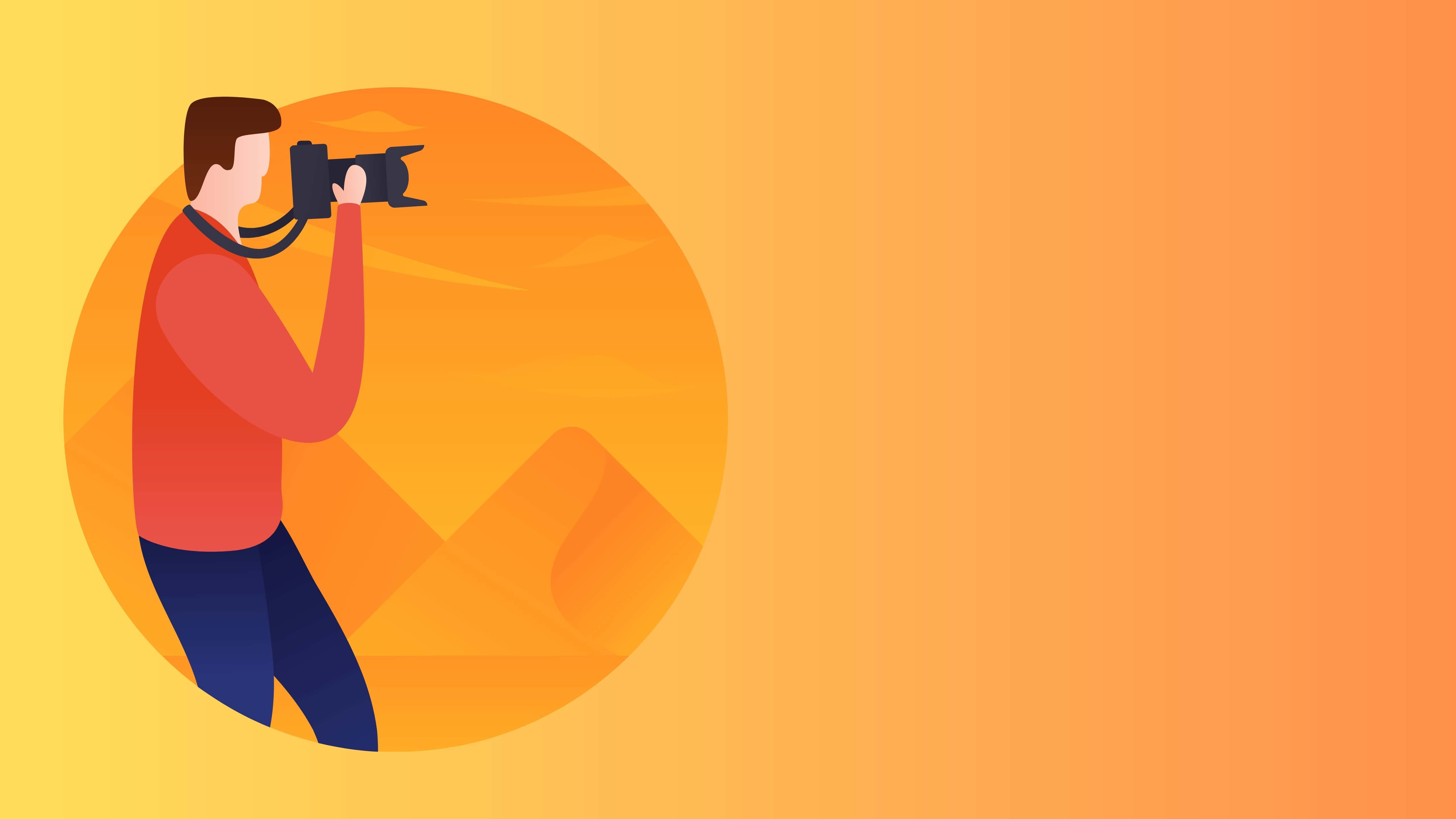 5120x2880, red shirt, warm orange gradient background, 5K Desktop Wallpaper
