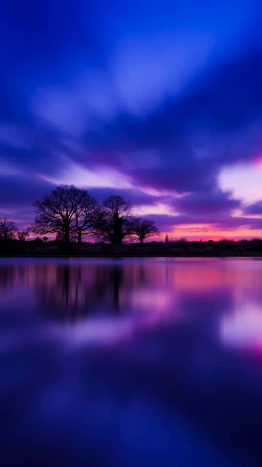 tranquil lake, calm water, vibrant purple and pink twilight sky, SD Phone Wallpaper