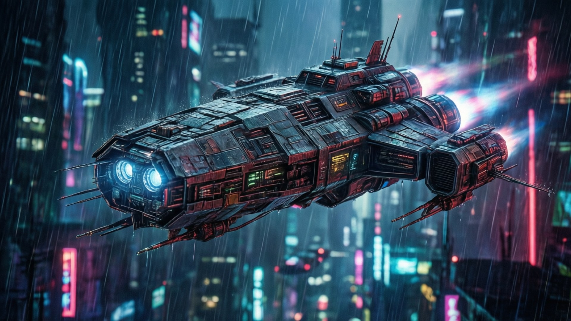 cyberpunk spaceship, neon city, dual screens, Full HD Desktop Wallpaper