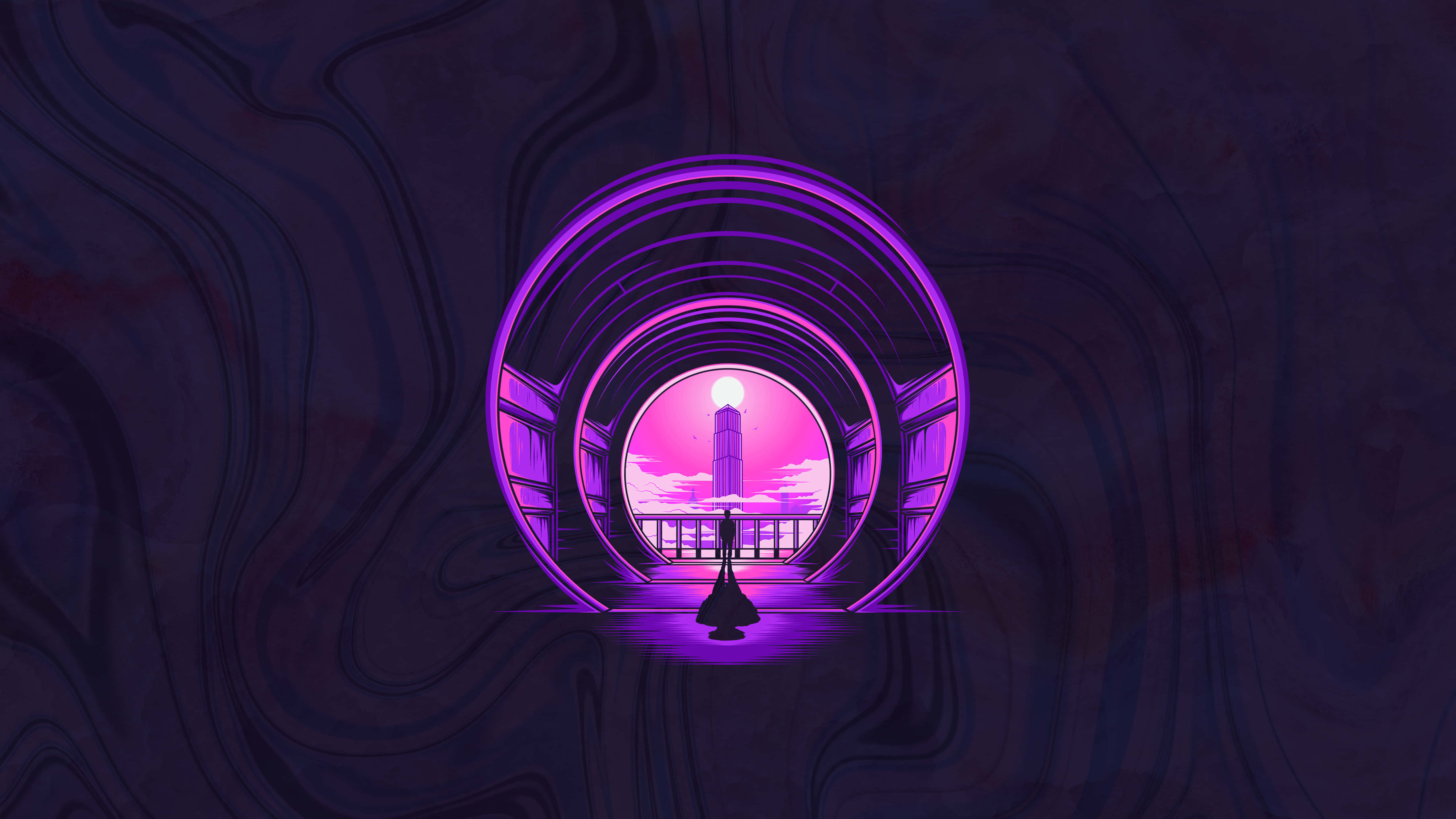 neon purple aesthetic, glowing purple tunnel, swirling dark patterns, 5K Desktop Wallpaper