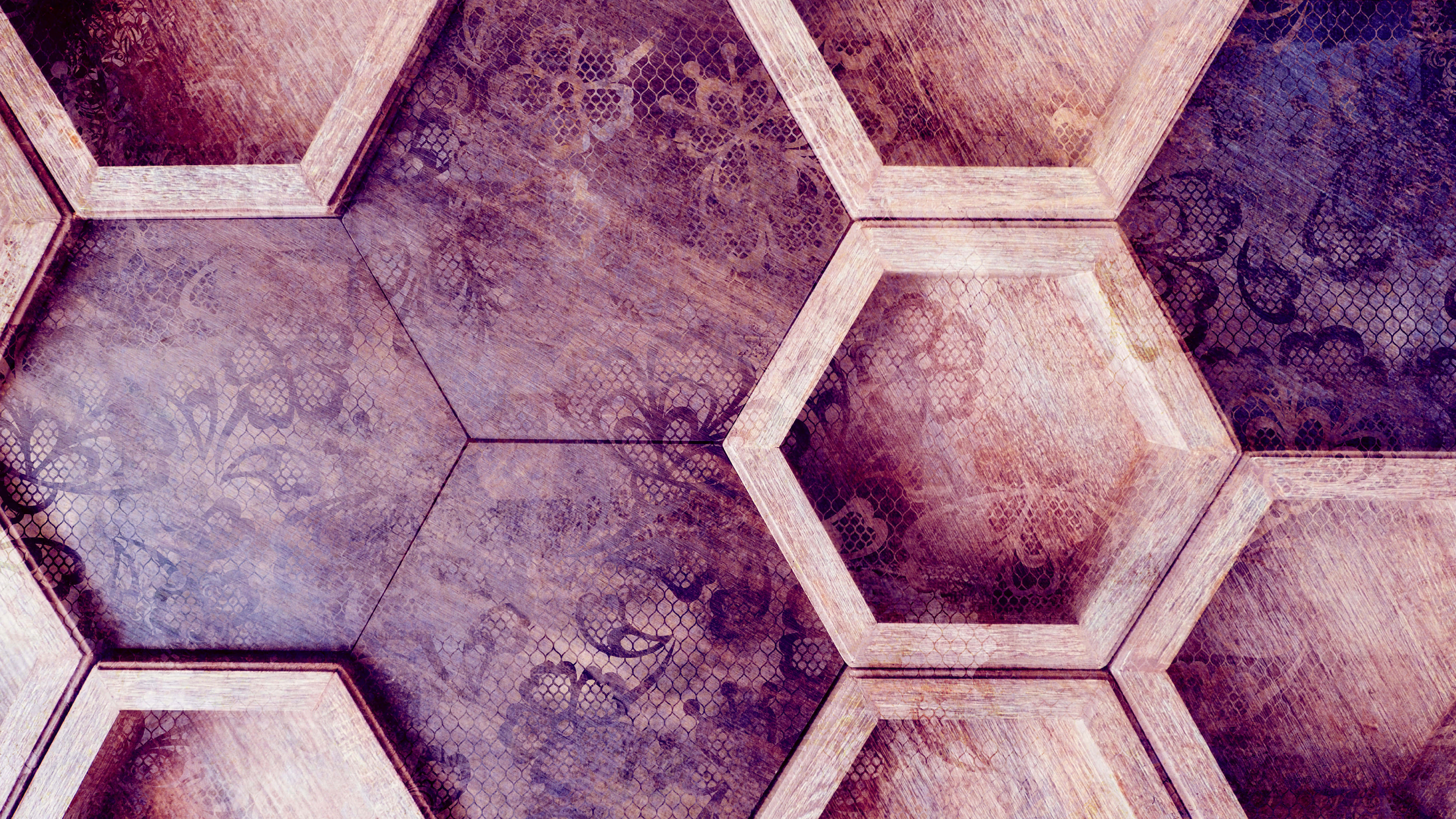 5K Desktop, hexagonal wooden panels, vintage lace patterns, 5K Desktop Wallpaper
