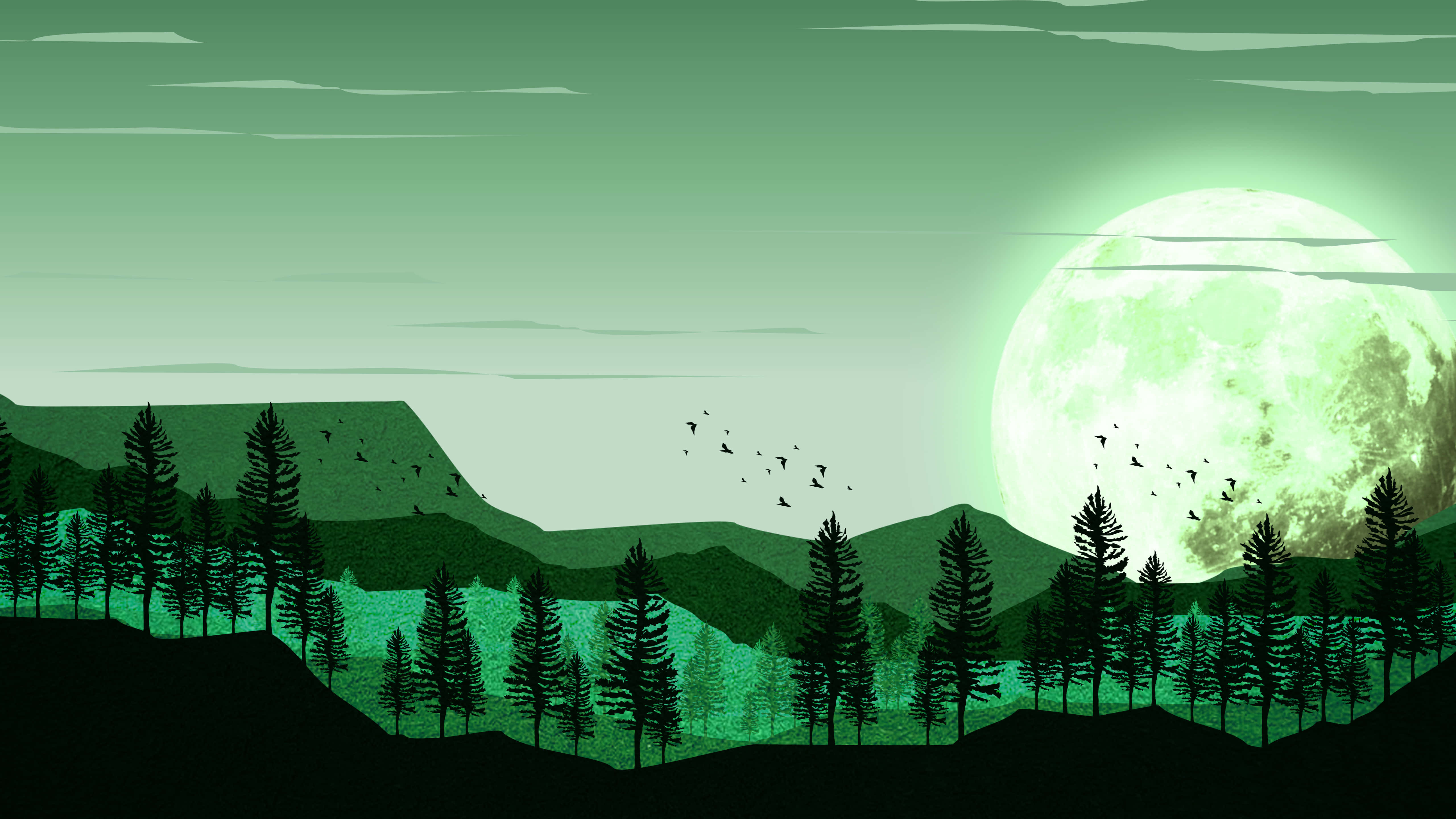 green-toned landscape, night, glowing moon, 5K Desktop Wallpaper