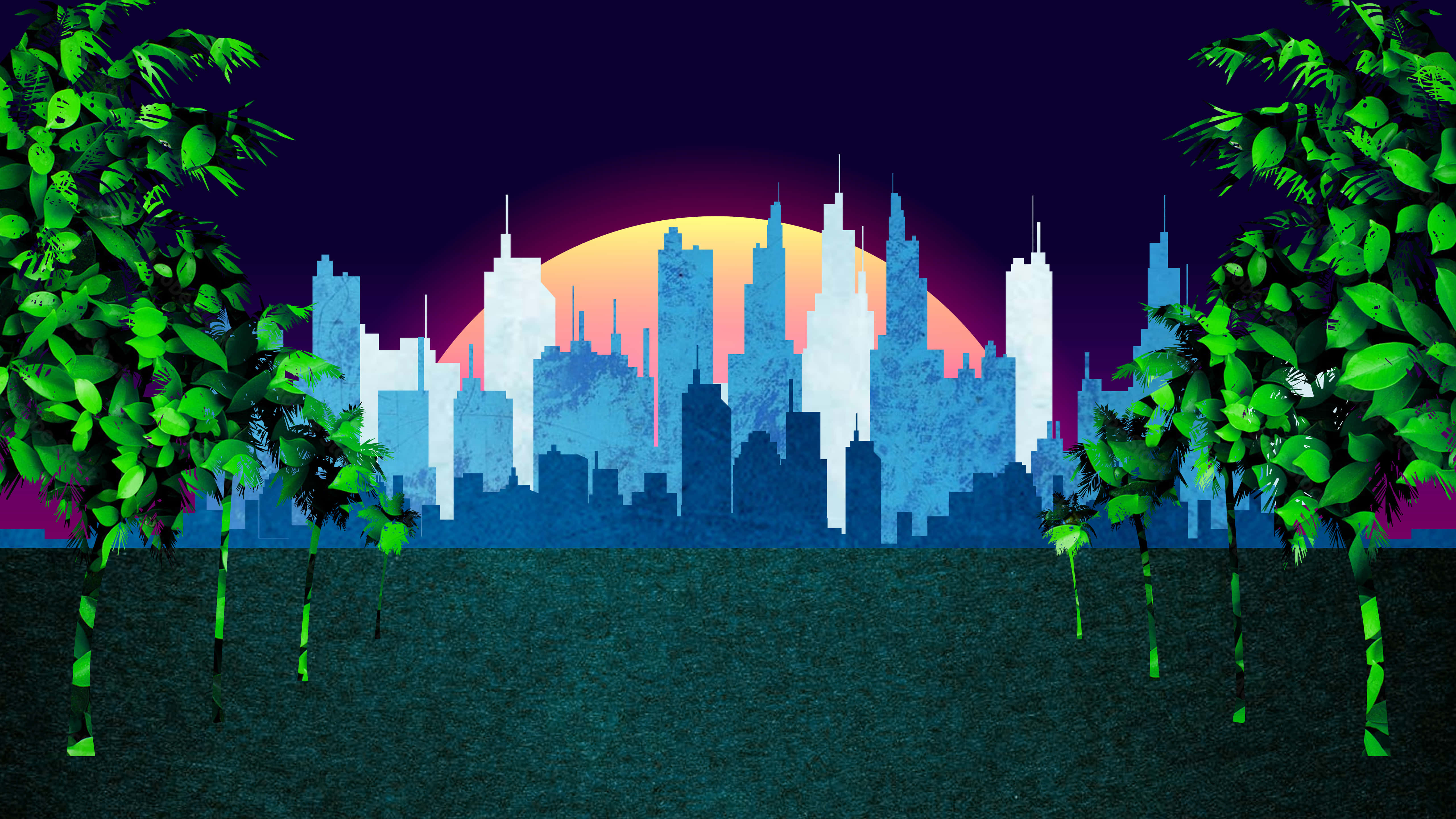 neon green trees, stylized city skyline, sunset, 5K Desktop Wallpaper