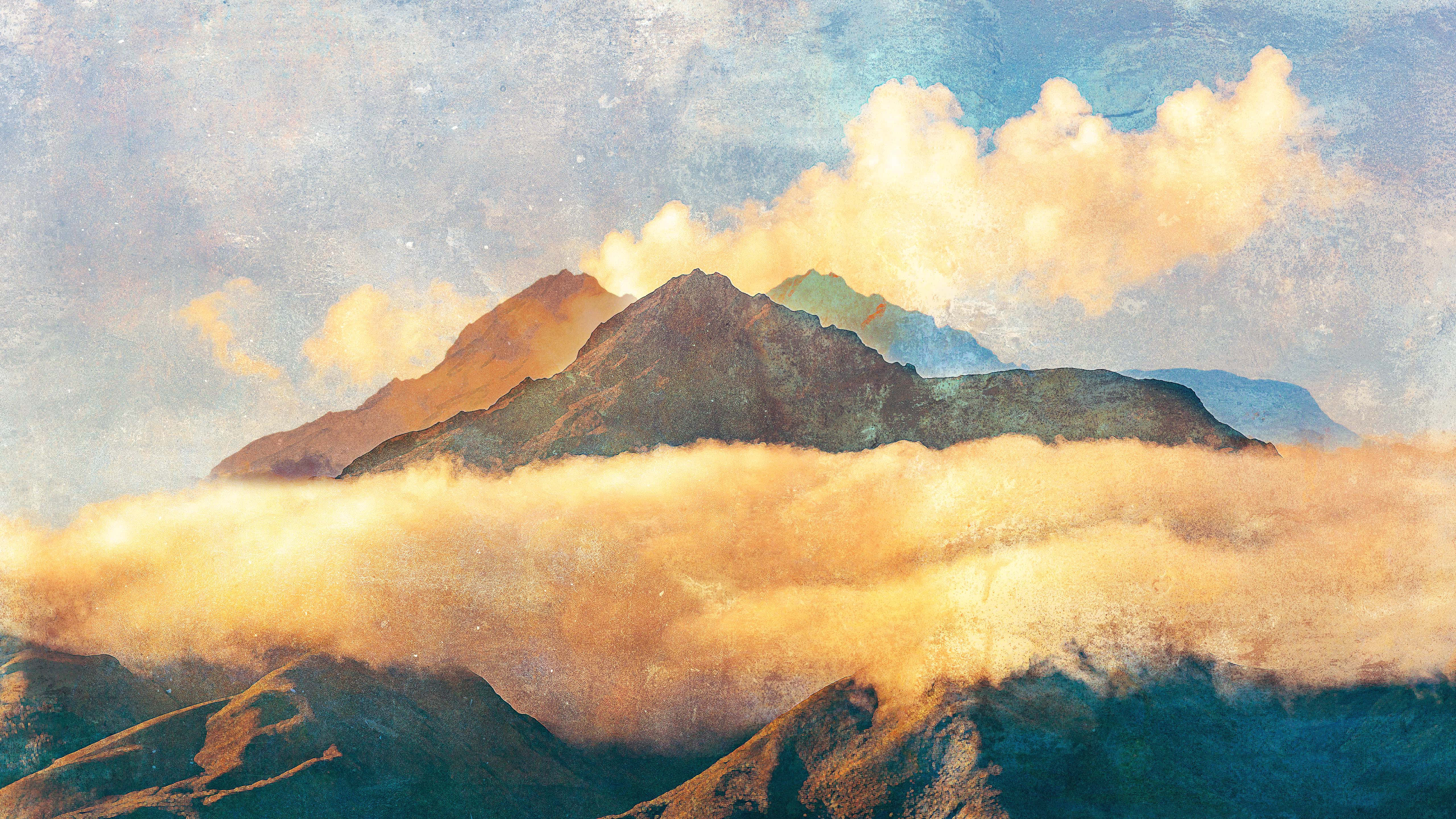 fantasy mountain, golden clouds, soft blue sky, 5K Desktop Wallpaper