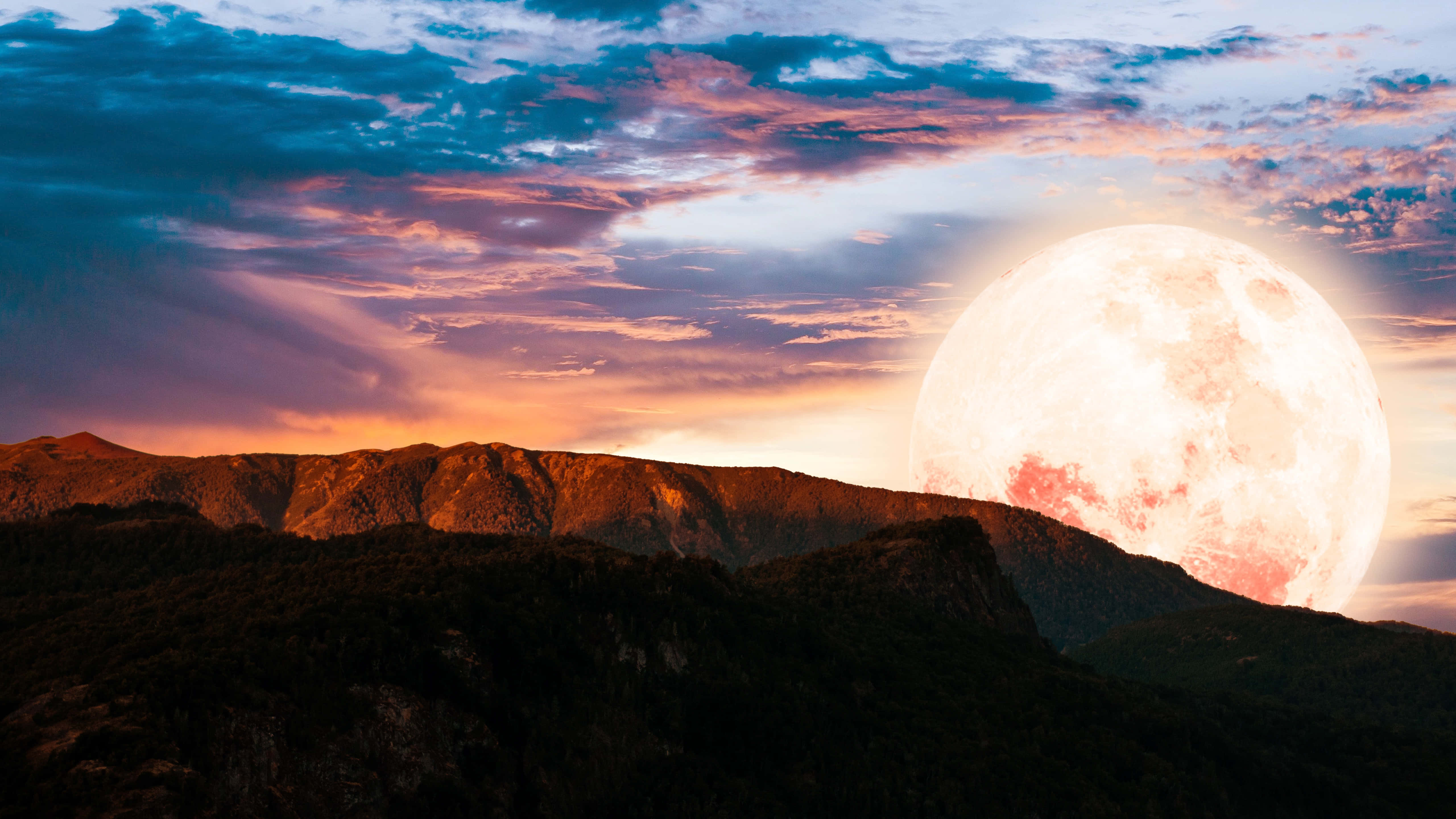 5K Desktop, moon, rugged mountain peaks, 5K Desktop Wallpaper