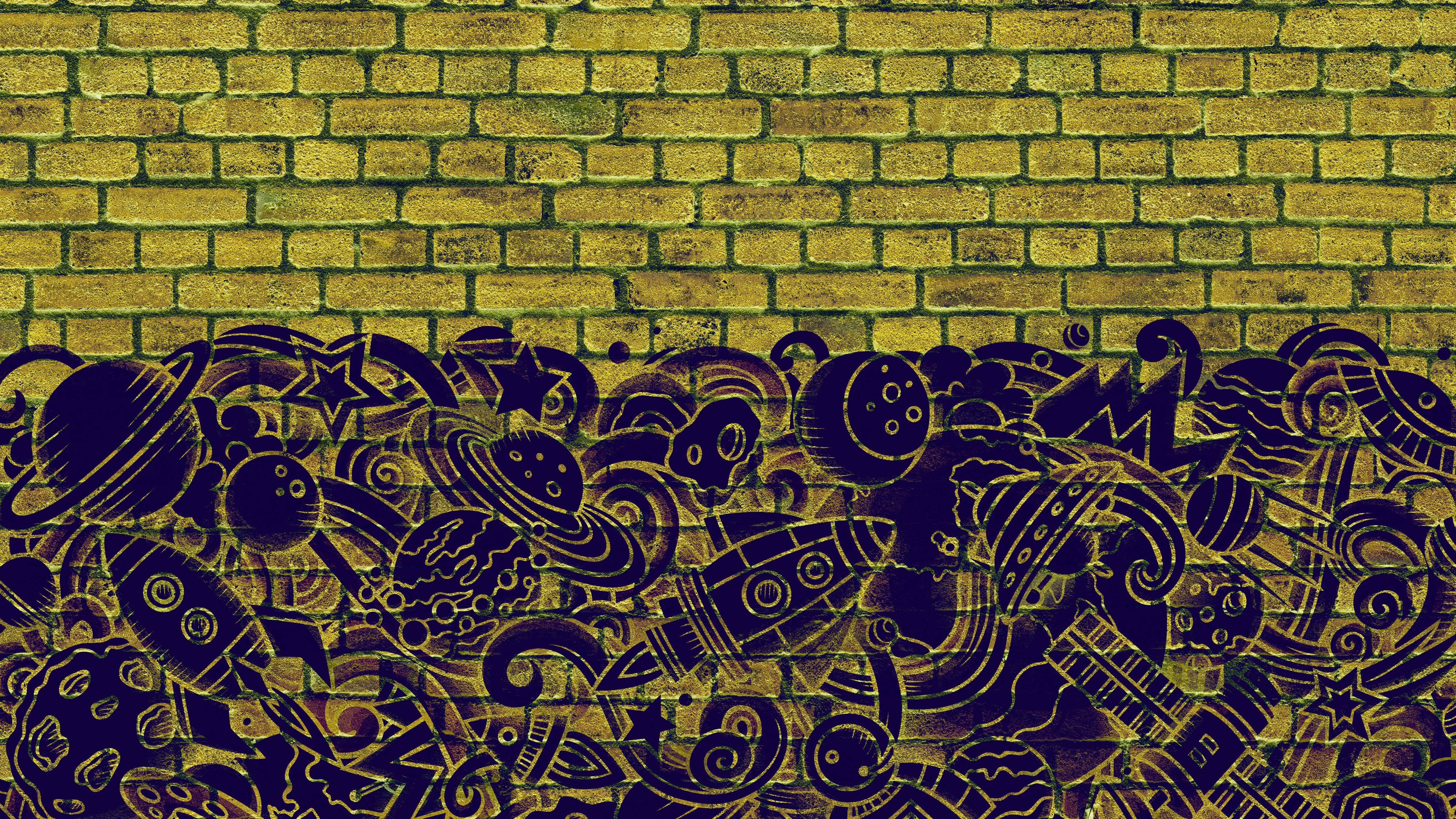 5K Desktop, vibrant yellow brick wall, cartoon-style space-themed mural, 5K Desktop Wallpaper