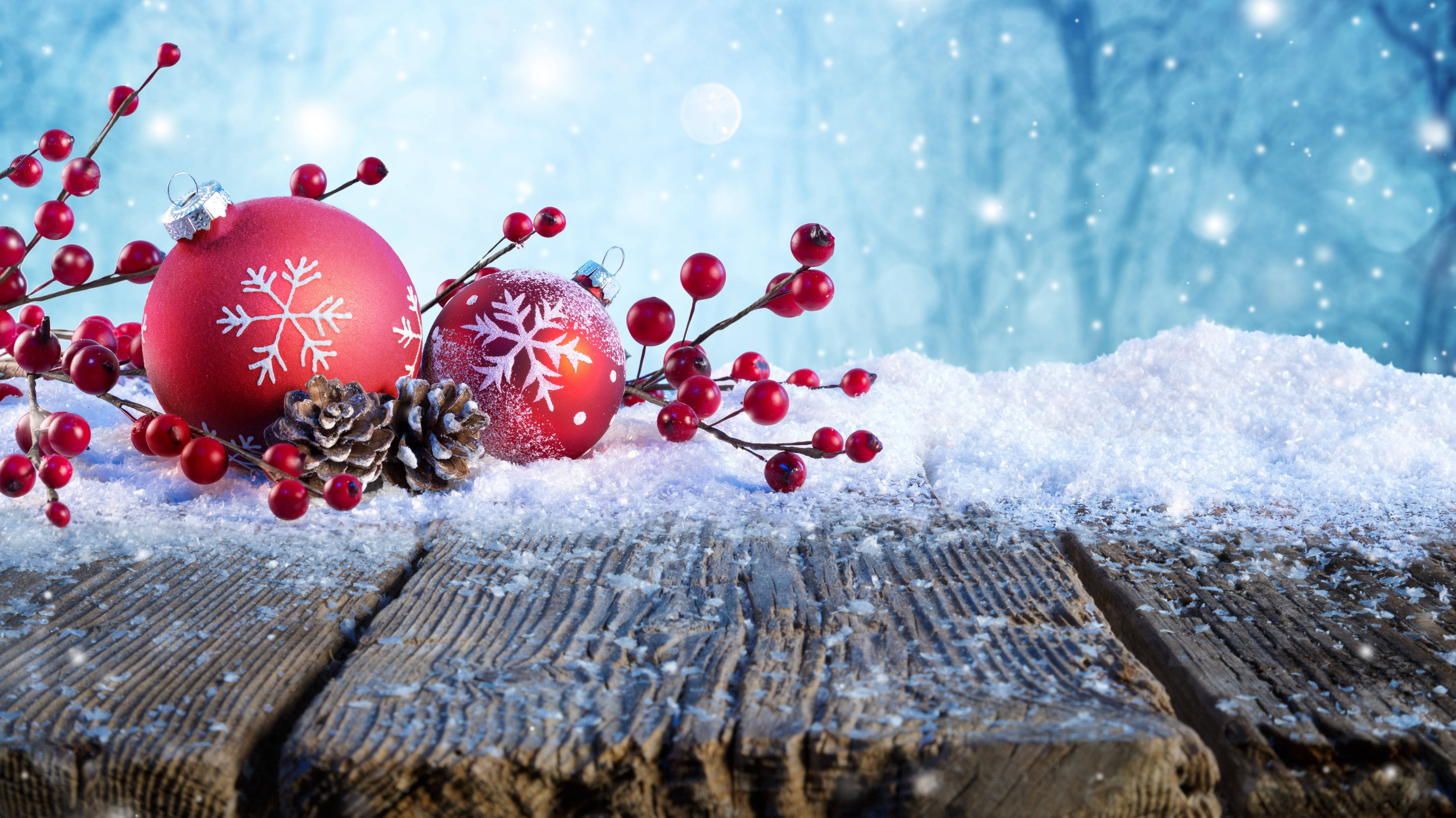 5K HD, Christmas, red snowflake ornaments, 5K Desktop Wallpaper