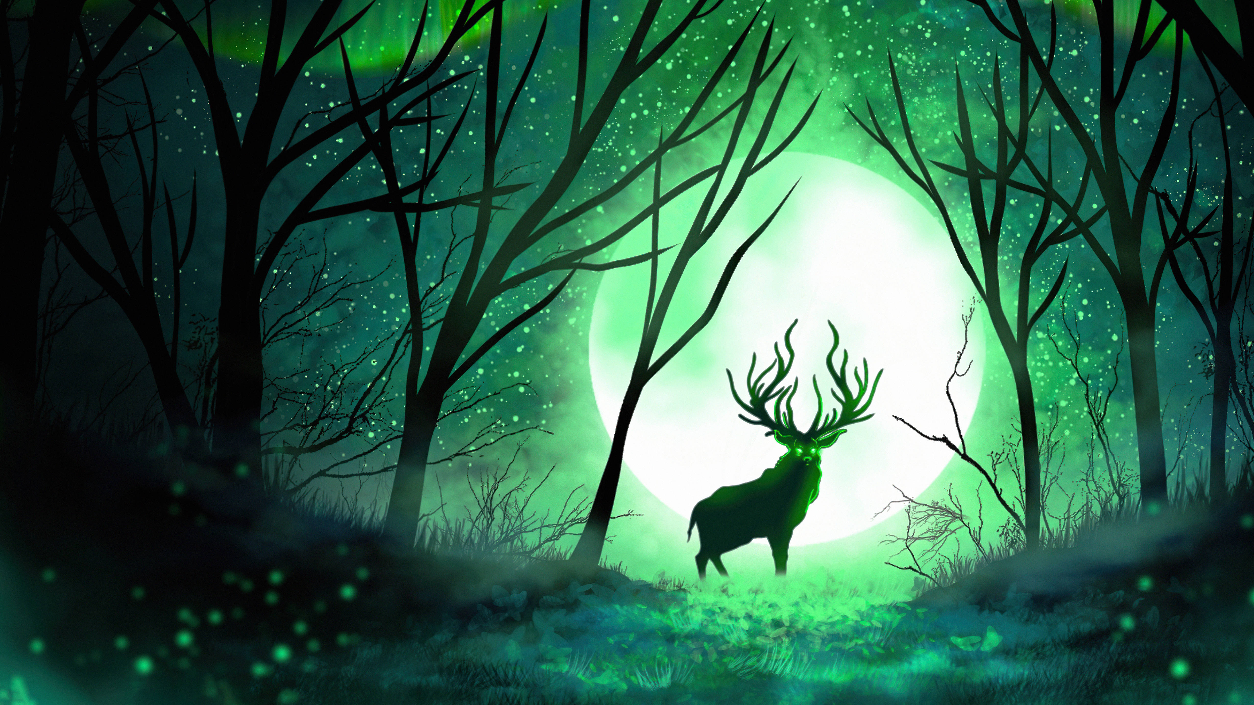 5K HD, forest spirit deer, glowing green moon, 5K Desktop Wallpaper