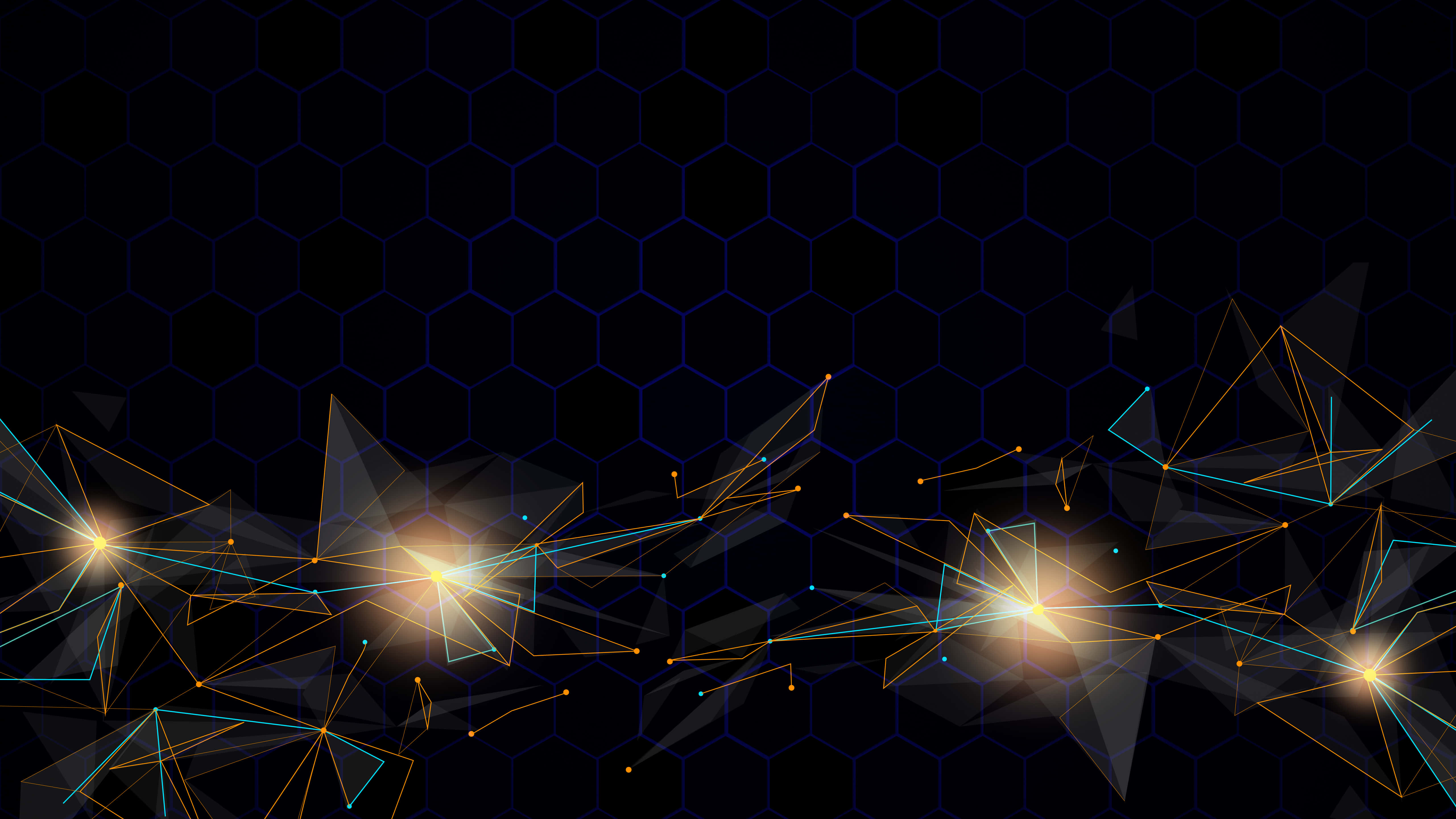 Golden glowing geometric nodes, lines, dark hexagonal grid, 5K Desktop Wallpaper