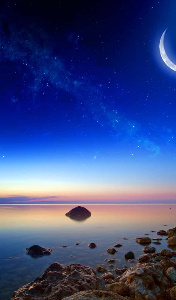 crescent moon, starry sky, calm waters, SD Phone Wallpaper