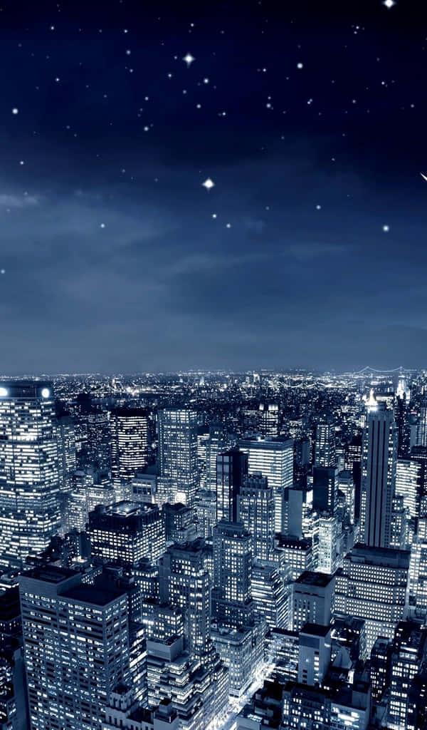 city at night, starry sky, glowing skyscrapers, SD Phone Wallpaper