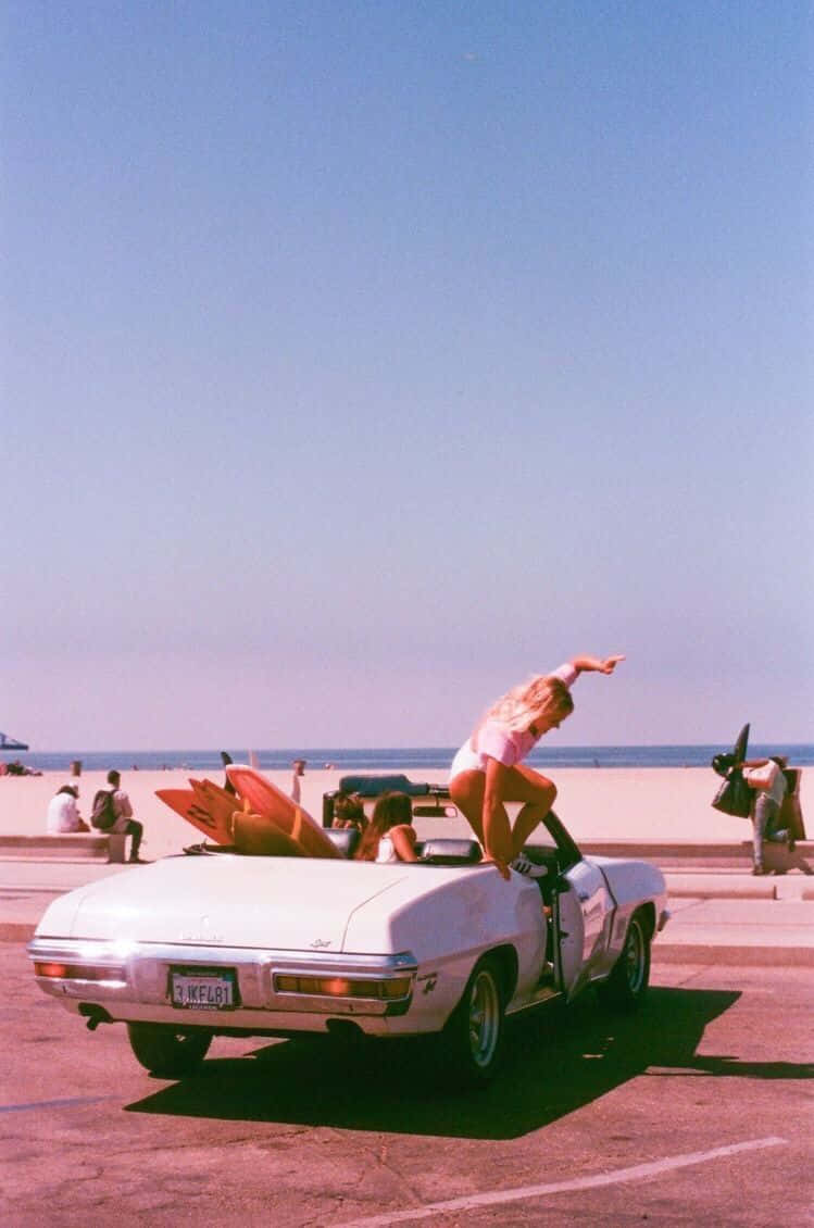 60s Aesthetic, pink swimsuit, white convertible, SD Phone Wallpaper