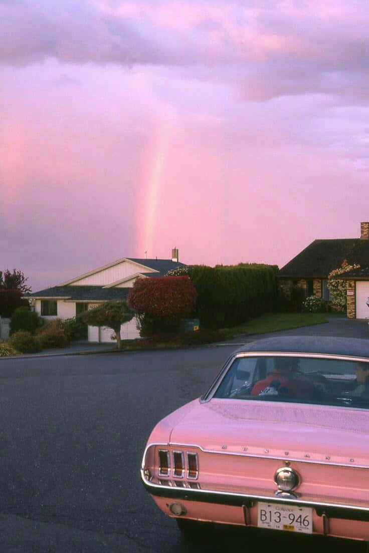 60s Aesthetic, pink car, suburban street, SD Phone Wallpaper