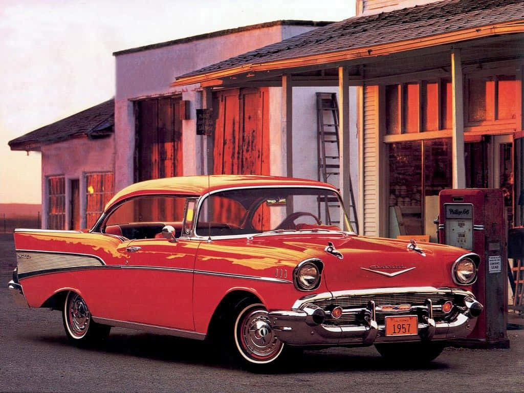 1957 Chevrolet Bel Air, vibrant red, warm sunset light, SD Desktop Wallpaper