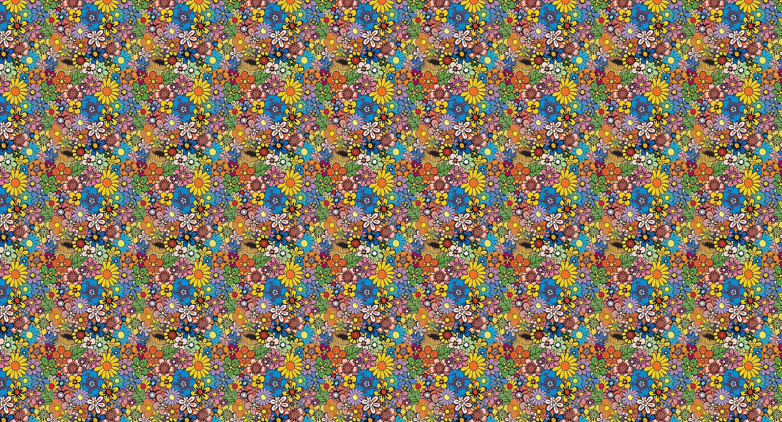 60s Aesthetic, floral pattern, multicolored daisies, 2K Desktop Wallpaper
