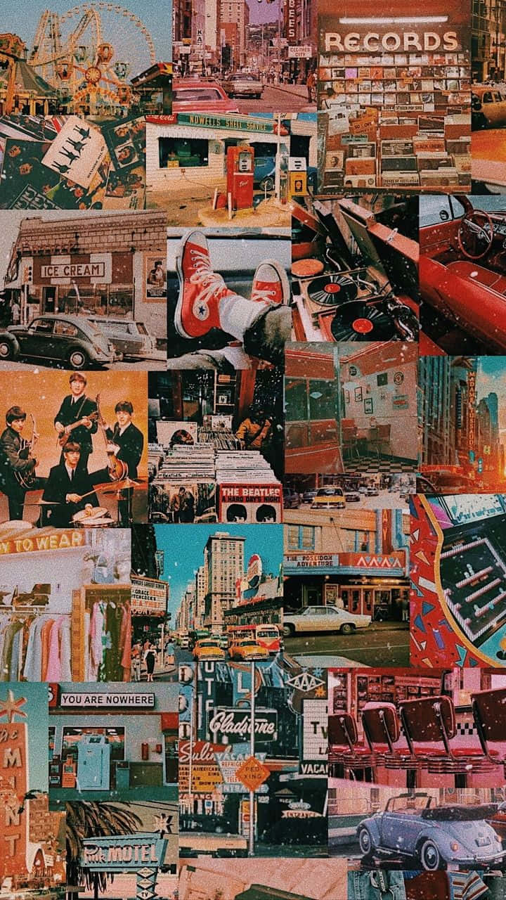 60s aesthetic, vibrant retro collage, vintage Americana scenes, HD Phone Wallpaper