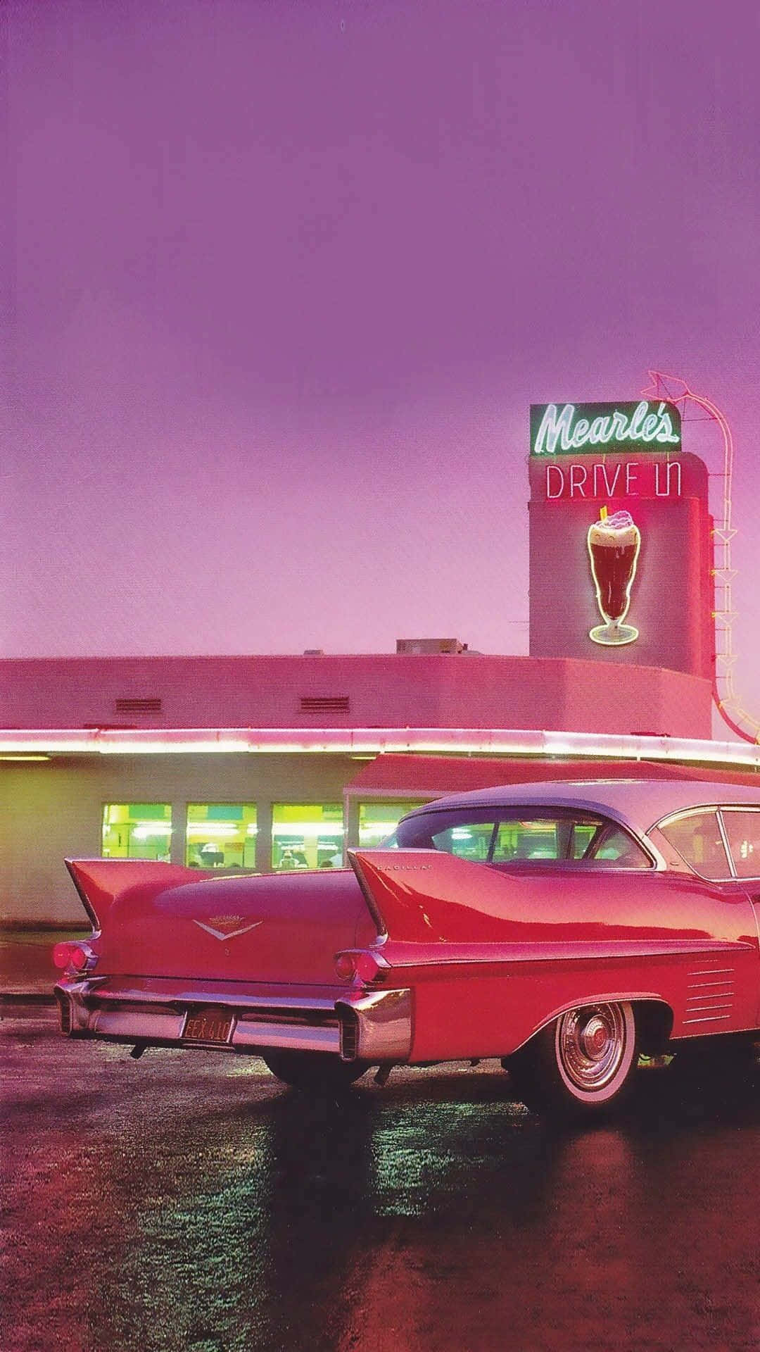 60s aesthetic, vintage red Cadillac, neon-lit drive-in diner, Full HD Phone Wallpaper