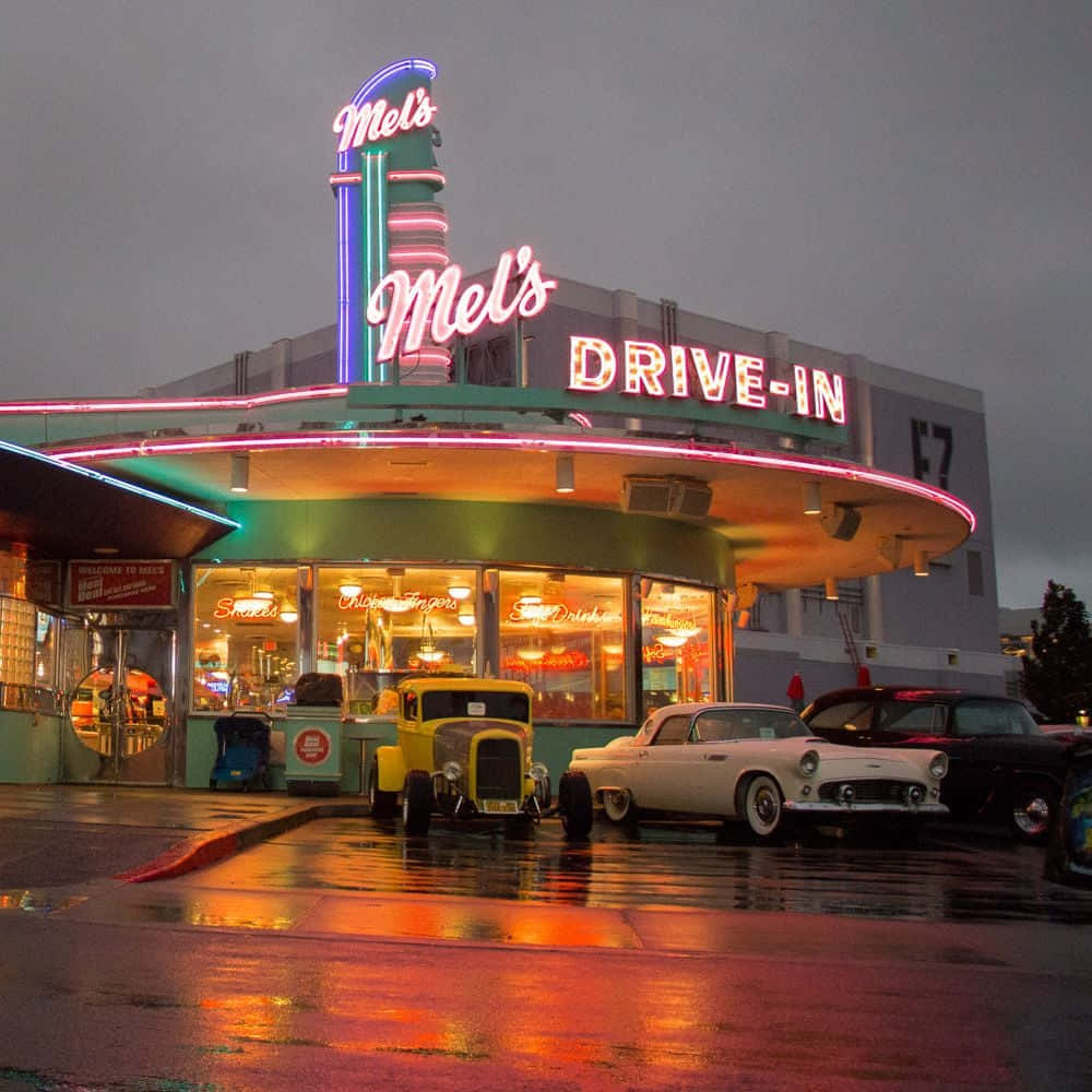 60s aesthetic, retro drive-in diner, glowing neon signs, SD Desktop Wallpaper