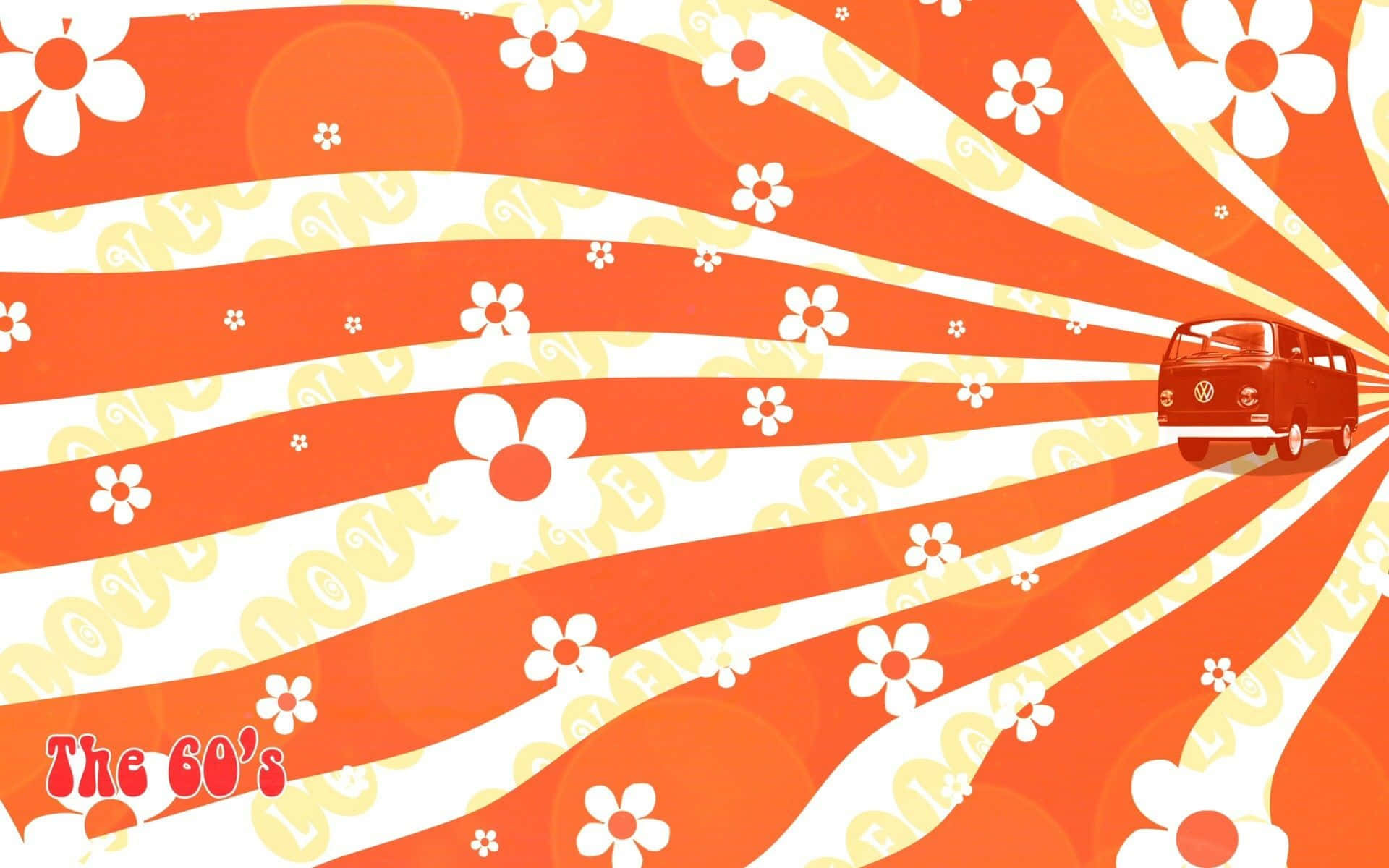 60s, orange flowers, camper van, Full HD Desktop Wallpaper