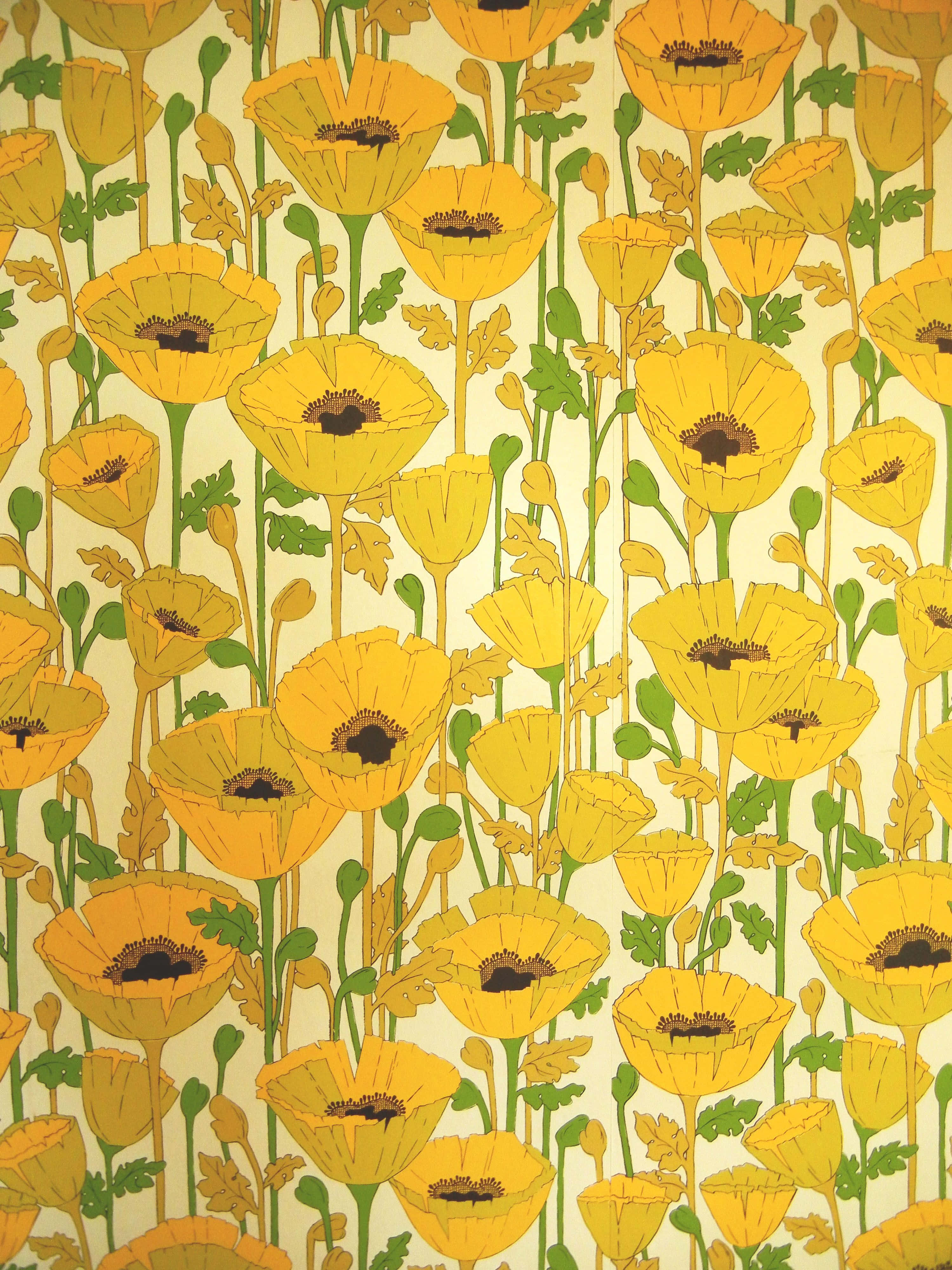 60s Style, vibrant yellow poppies, dark centers, 4K Phone Wallpaper