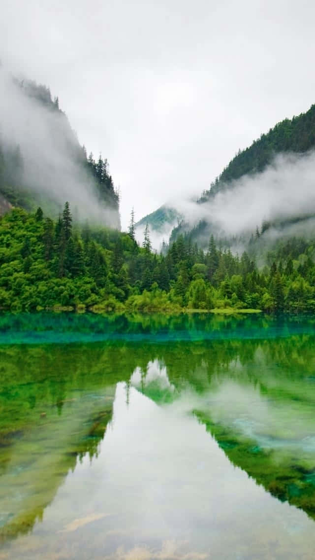 640x1136, misty mountain lake, emerald forests, SD Phone Wallpaper