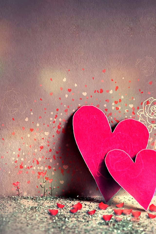 640x960, pink paper hearts, textured wall, SD Phone Wallpaper