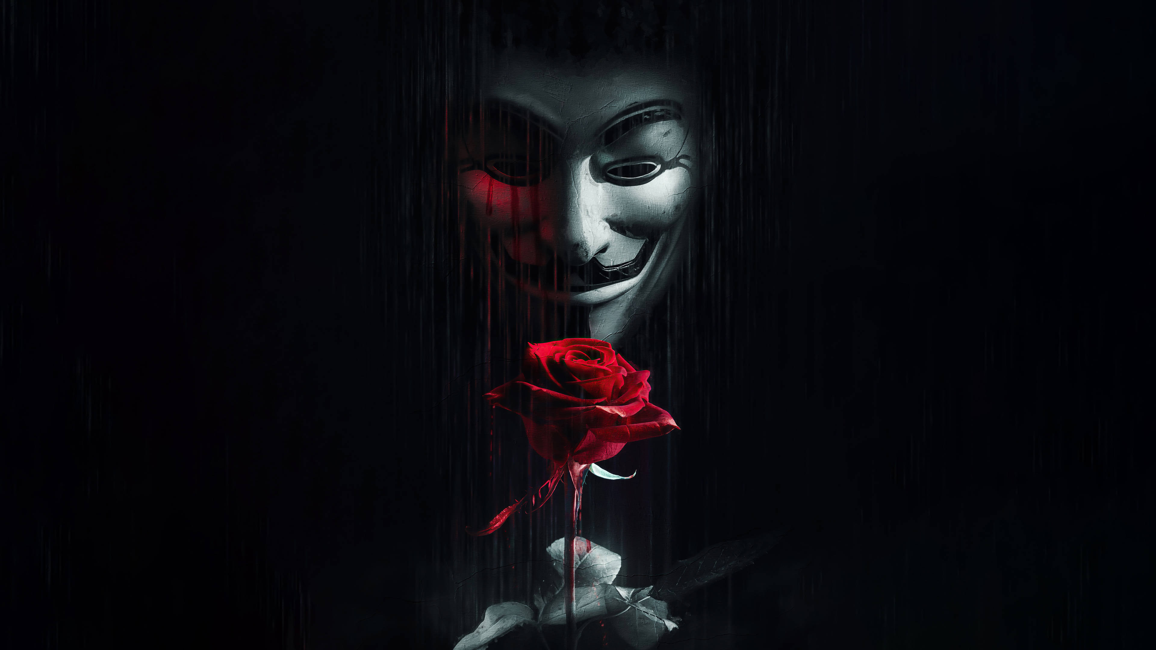 Anonymous, red rose, glowing red eyes, 4K Desktop Wallpaper