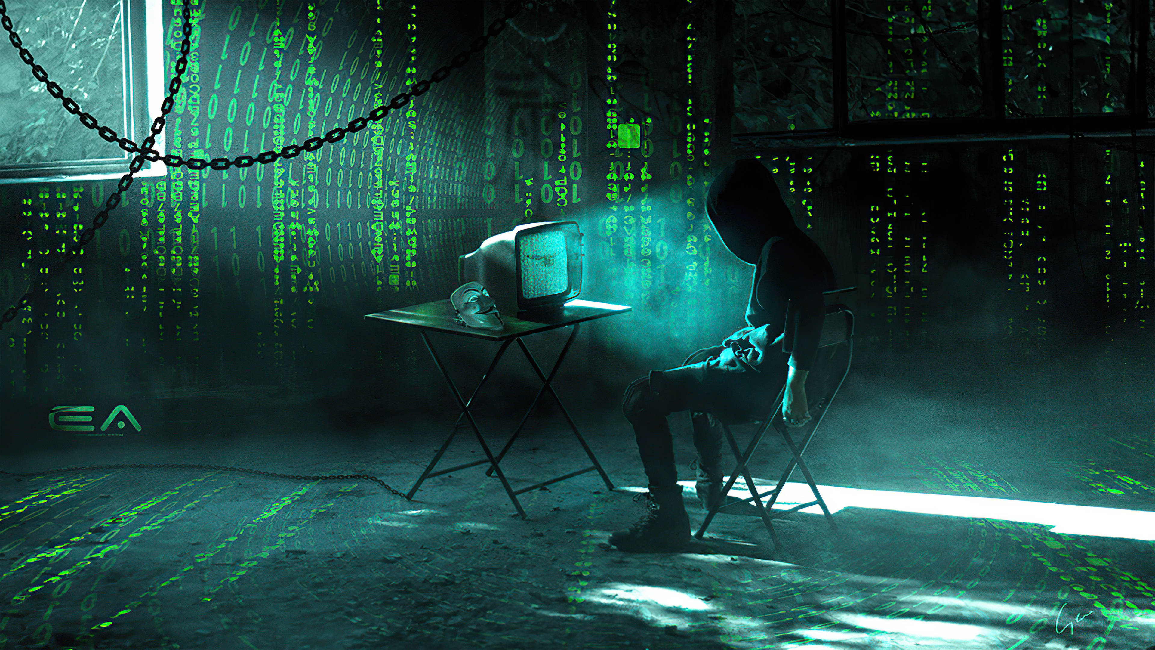 64k Ultra HD Hacker, green digital rain, vintage monitor, 4K Desktop Wallpaper