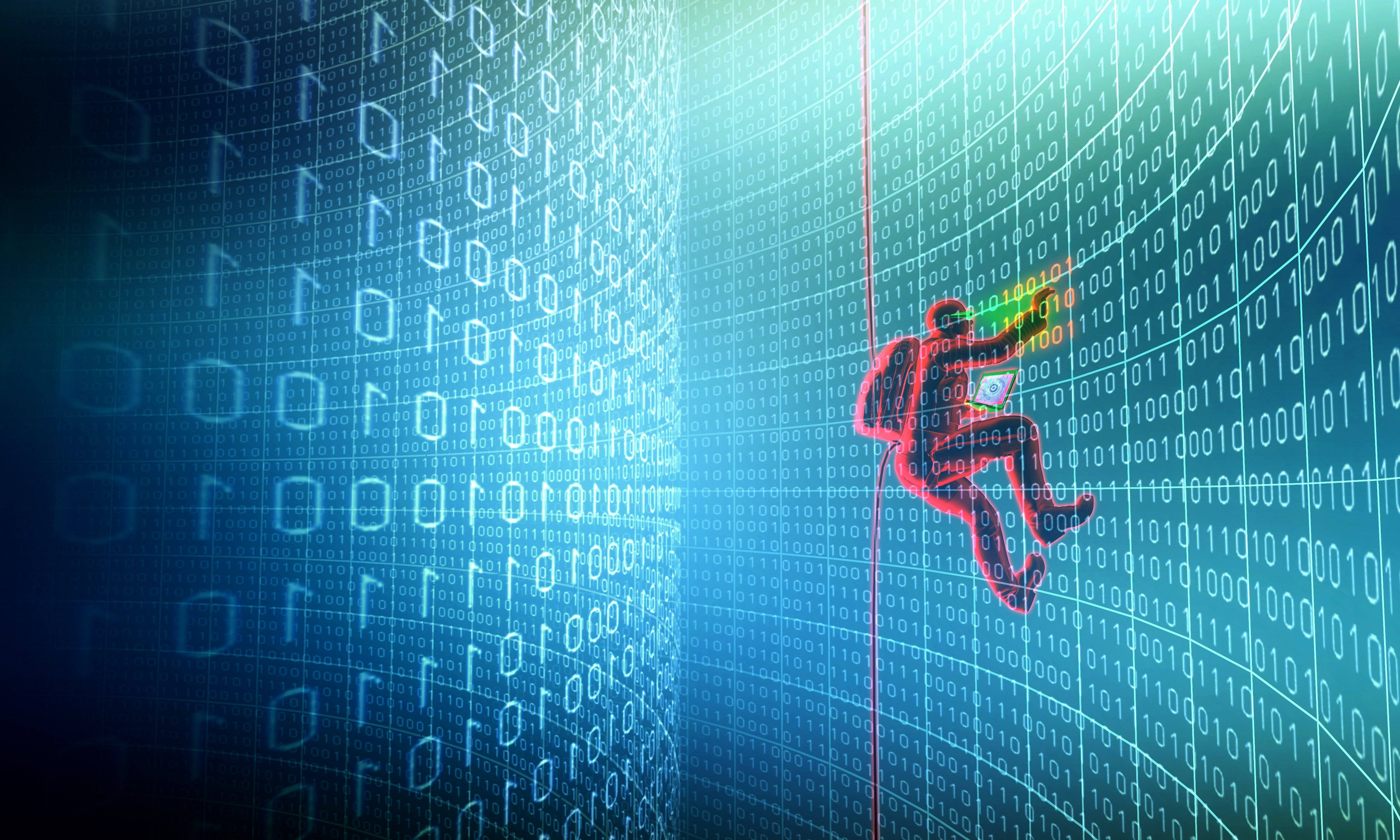 64k Ultra HD Hacker, glowing digital wall, binary code, 4K Desktop Wallpaper