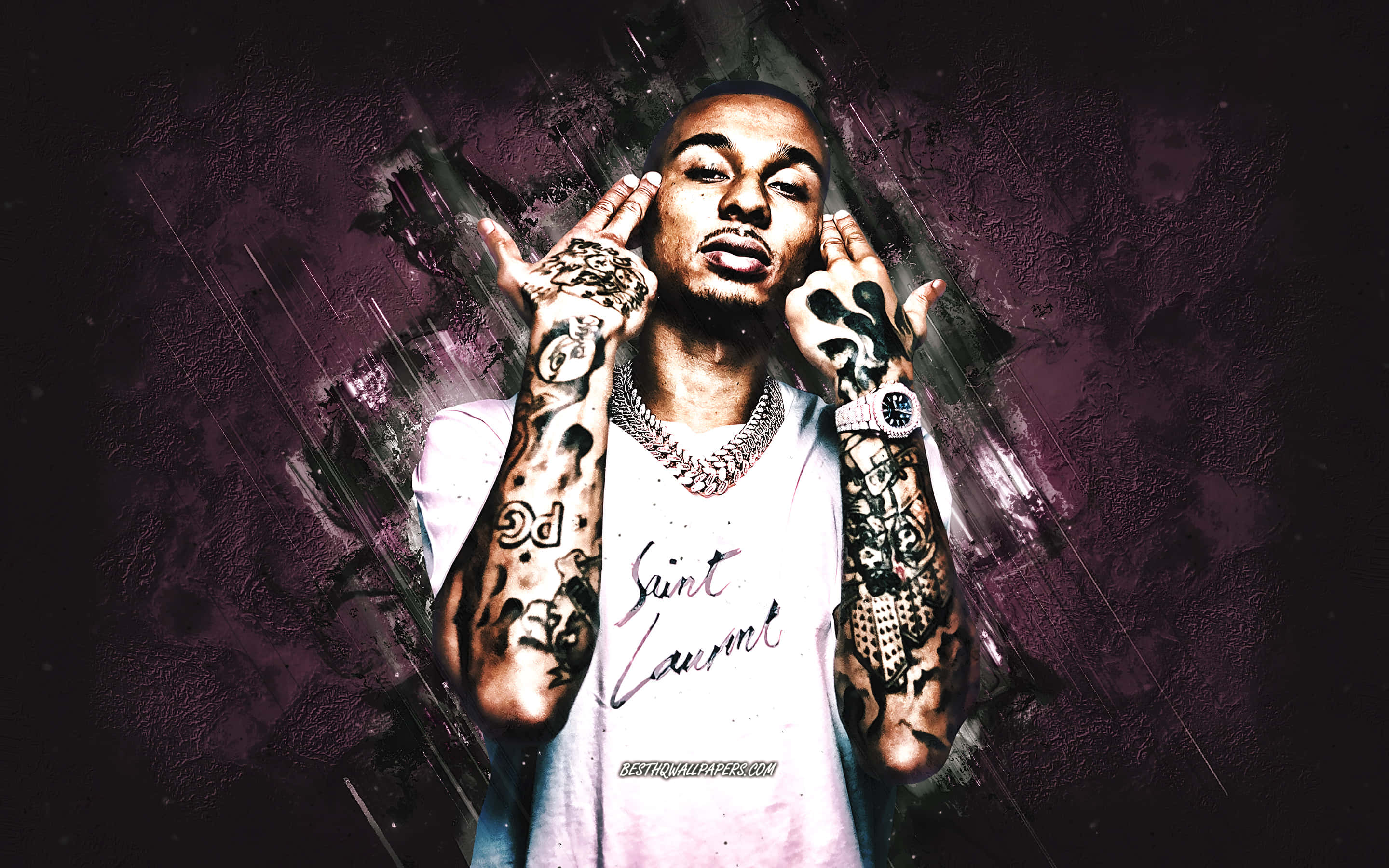 69 Rapper, tattooed arms, chain necklace, 2K Desktop Wallpaper
