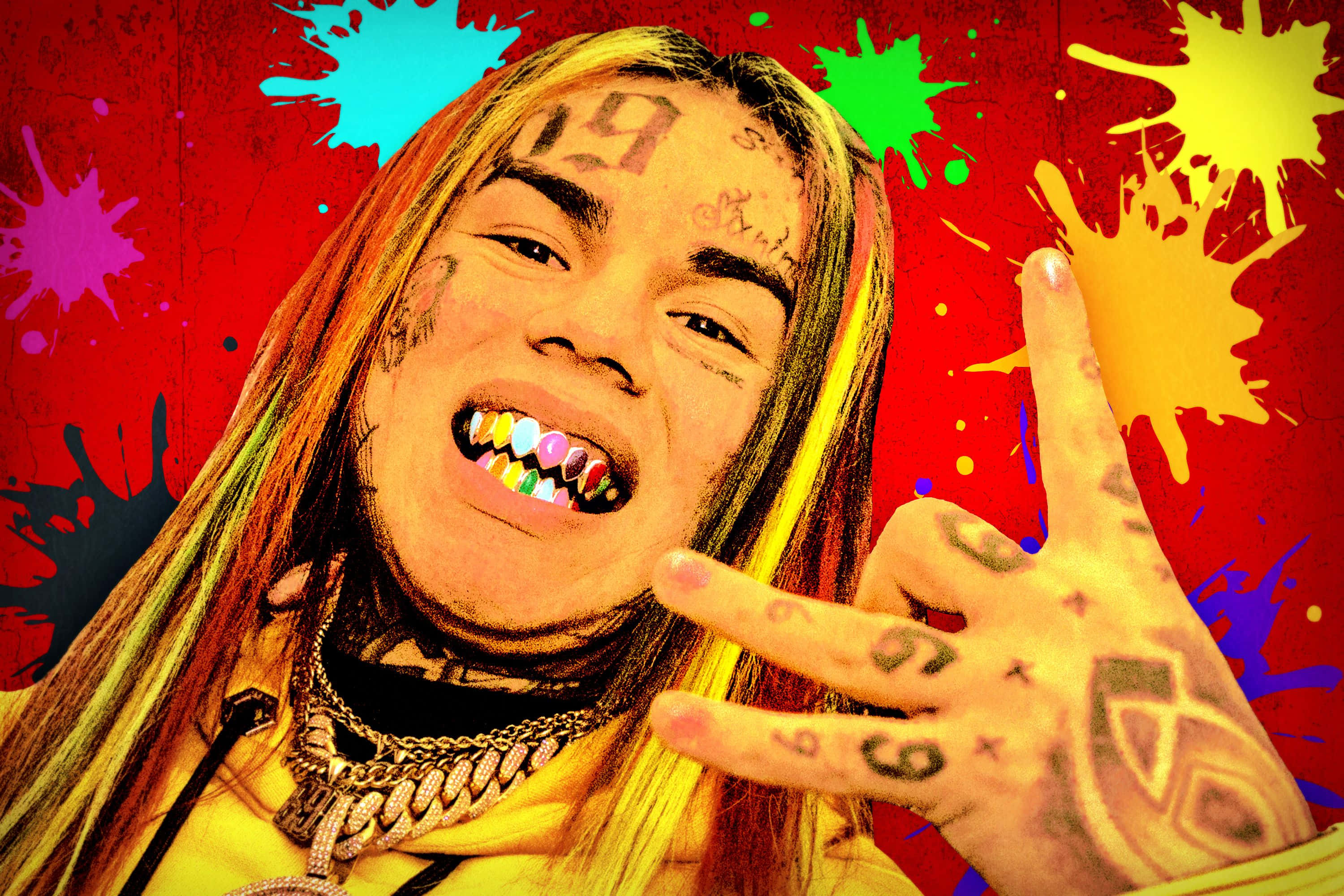 69 Rapper, colorful teeth, tattoos, 2K Desktop Wallpaper