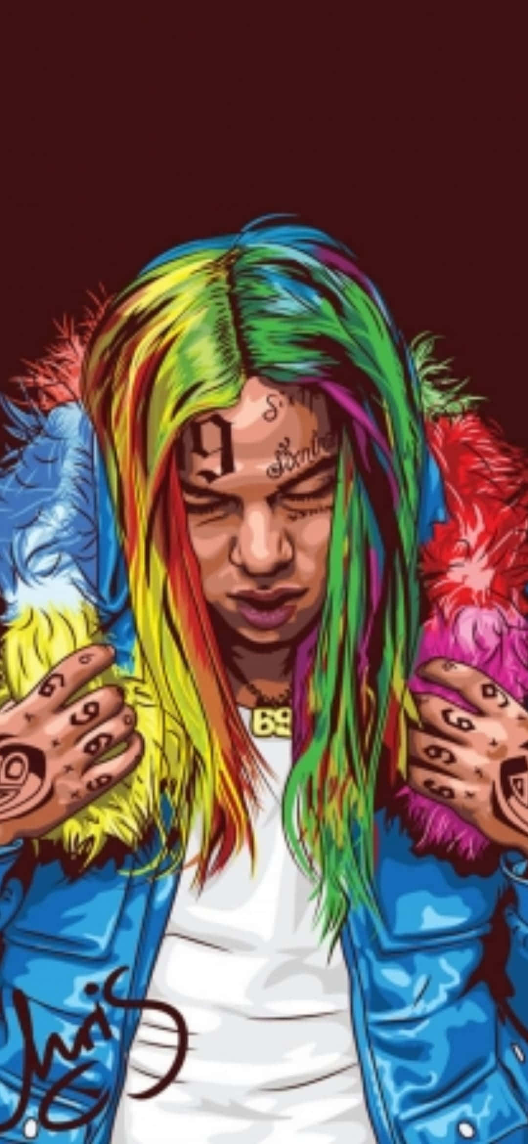 rainbow hair, tattoos, colorful fur-trimmed jacket, Full HD Phone Wallpaper