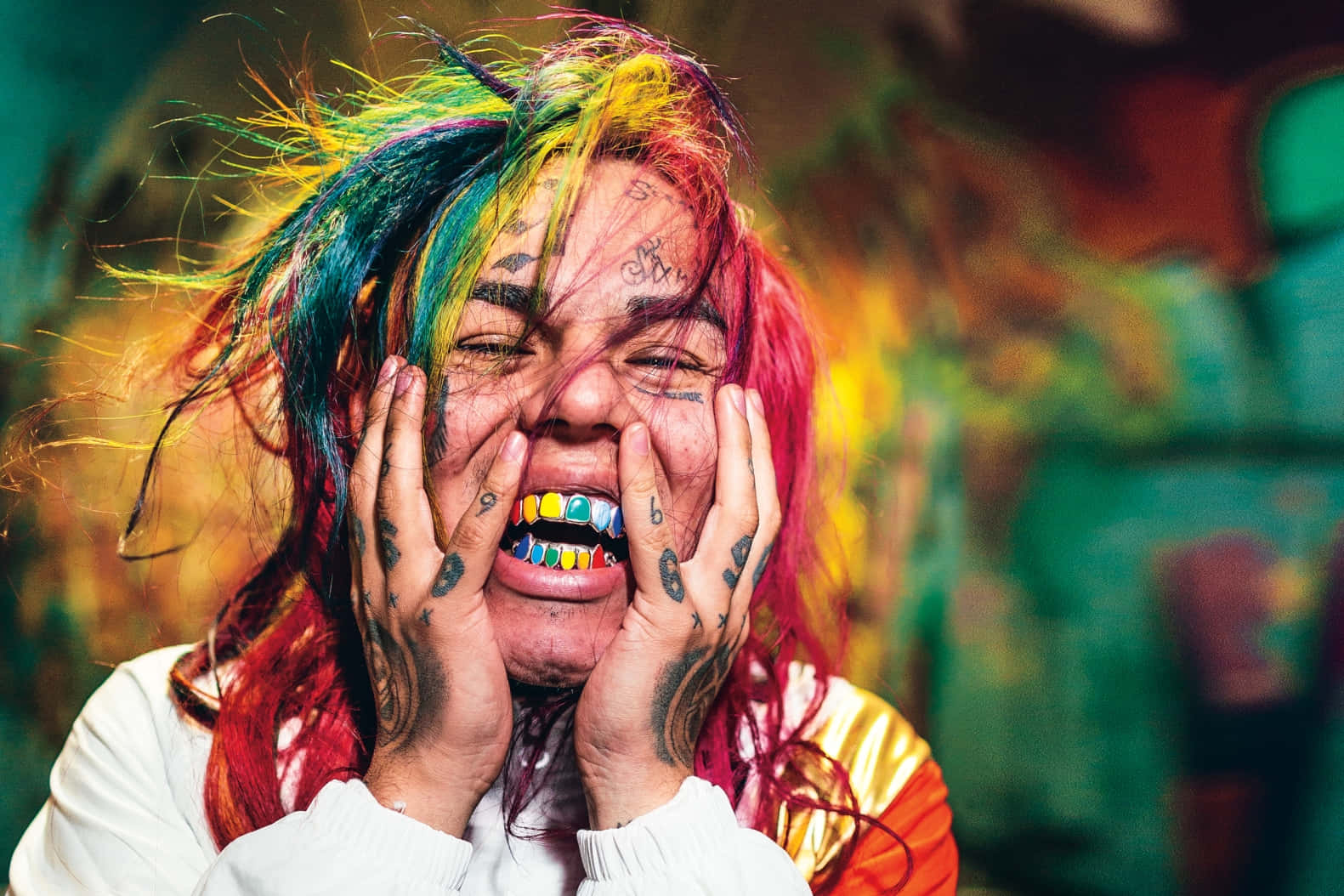 69 Rapper, rainbow hair, colorful grillz, HD Desktop Wallpaper