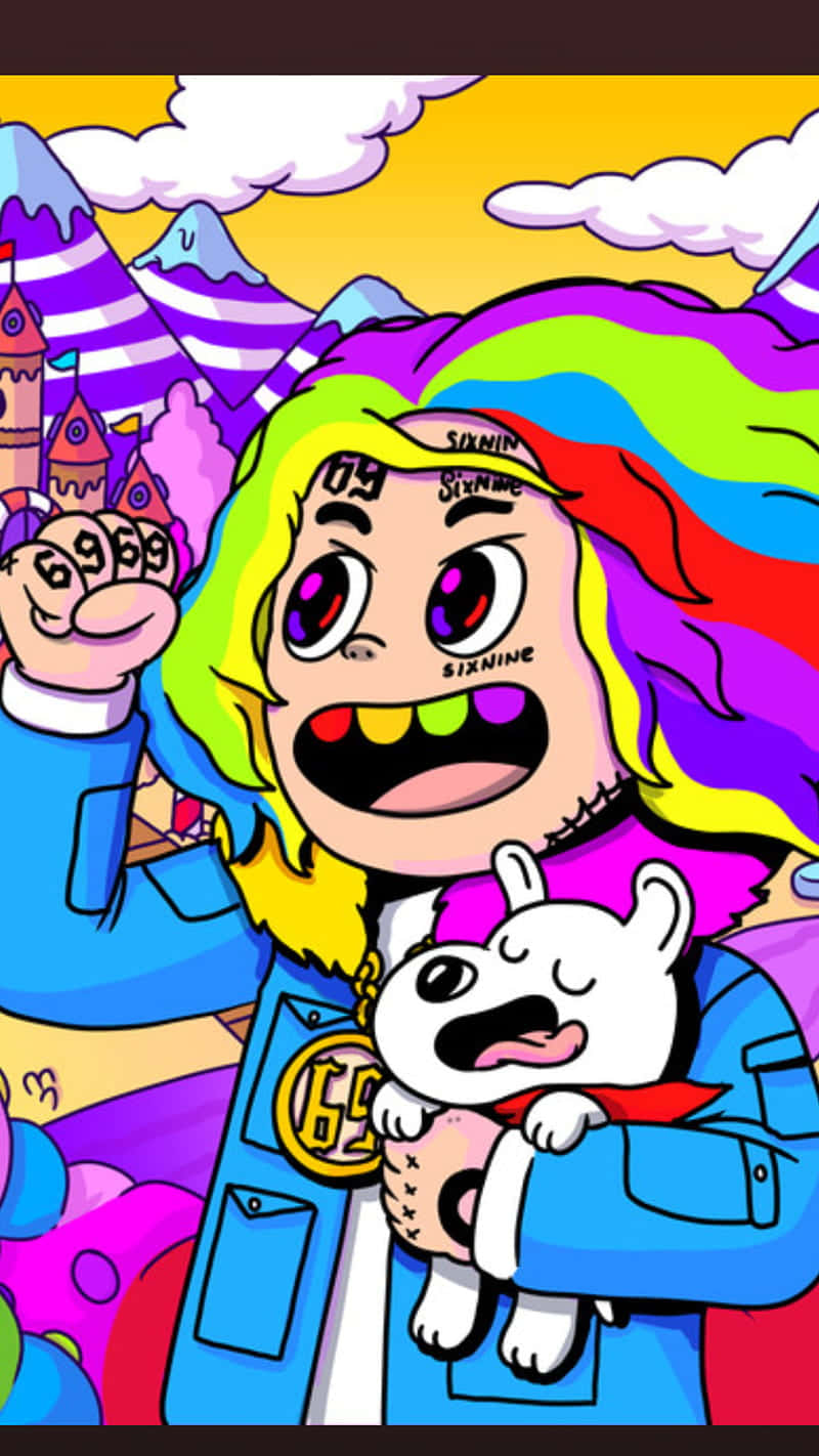 69 Rapper, rainbow hair, tattoos, HD Phone Wallpaper