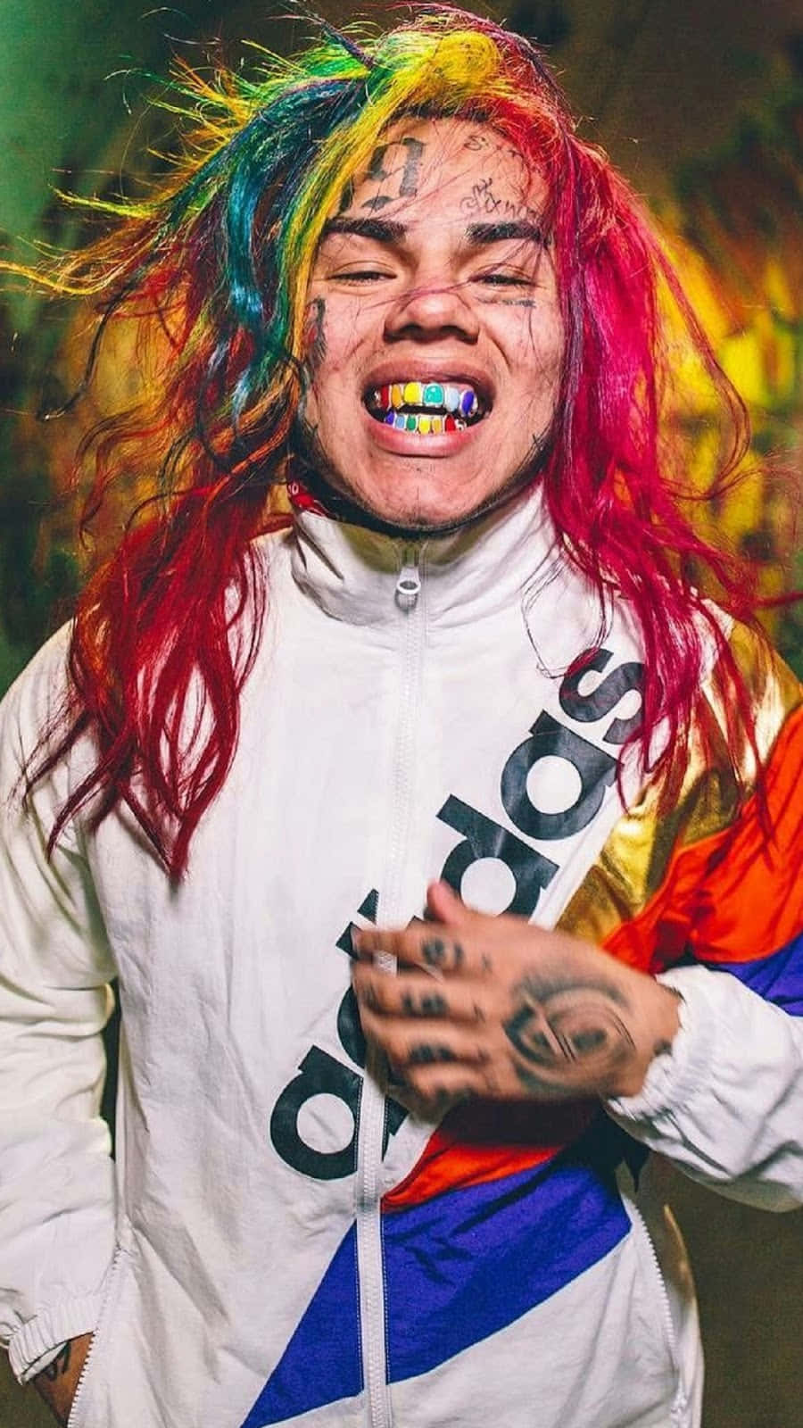 rainbow hair, colorful teeth, white adidas jacket, HD Phone Wallpaper