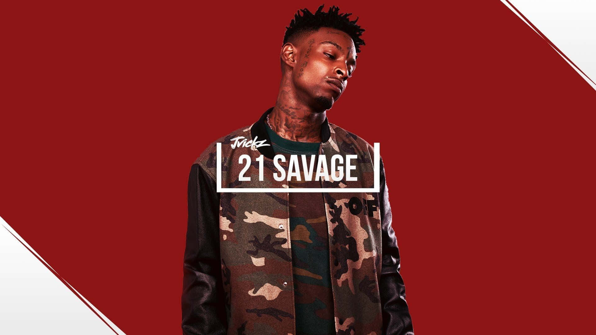 21 Savage, camouflage jacket, bold red and white diagonal background, Full HD Desktop Wallpaper