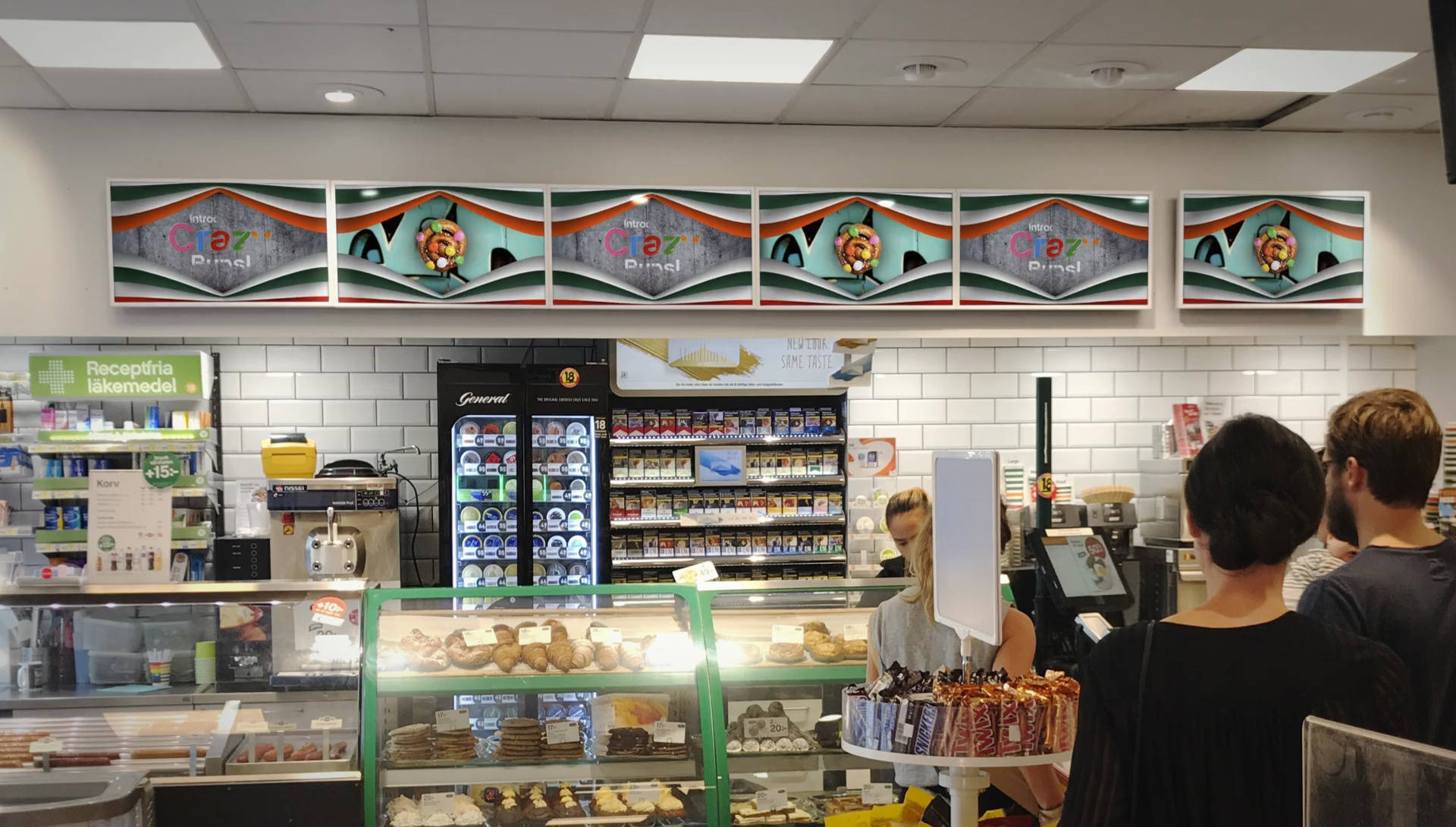 7 Eleven, bakery counter, colorful retro-style wall art, Full HD Desktop Wallpaper