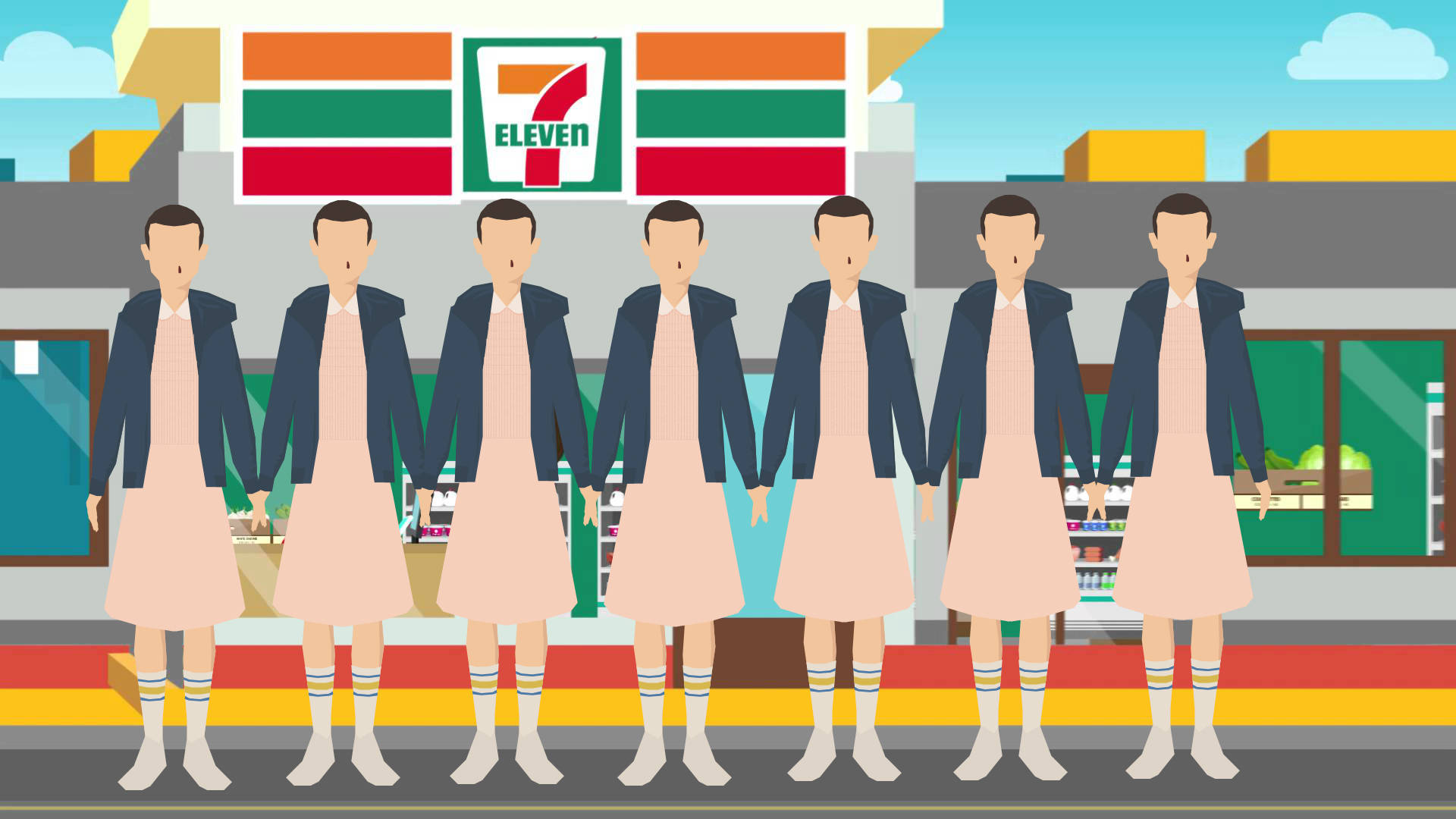 7-Eleven, cartoon-style illustration, pink dresses, Full HD Desktop Wallpaper