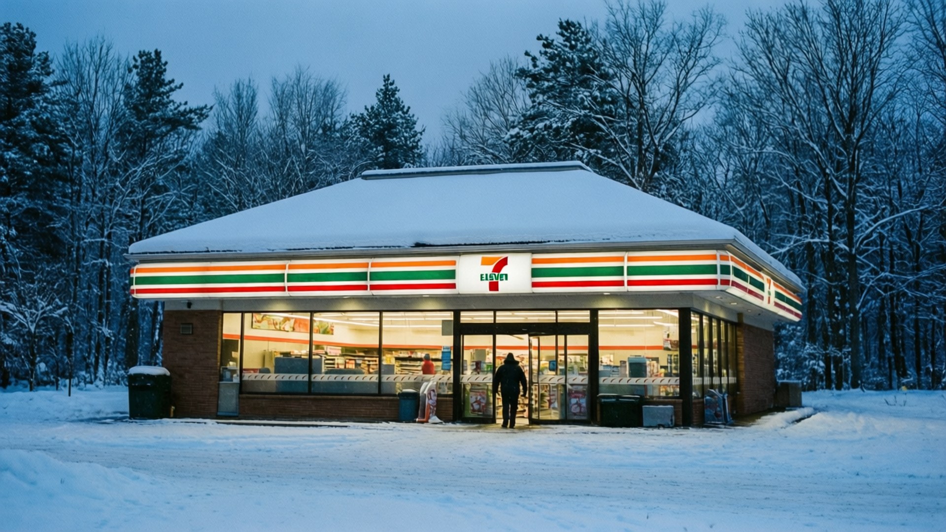 7-Eleven, snow-covered, twilight forest, Full HD Desktop Wallpaper