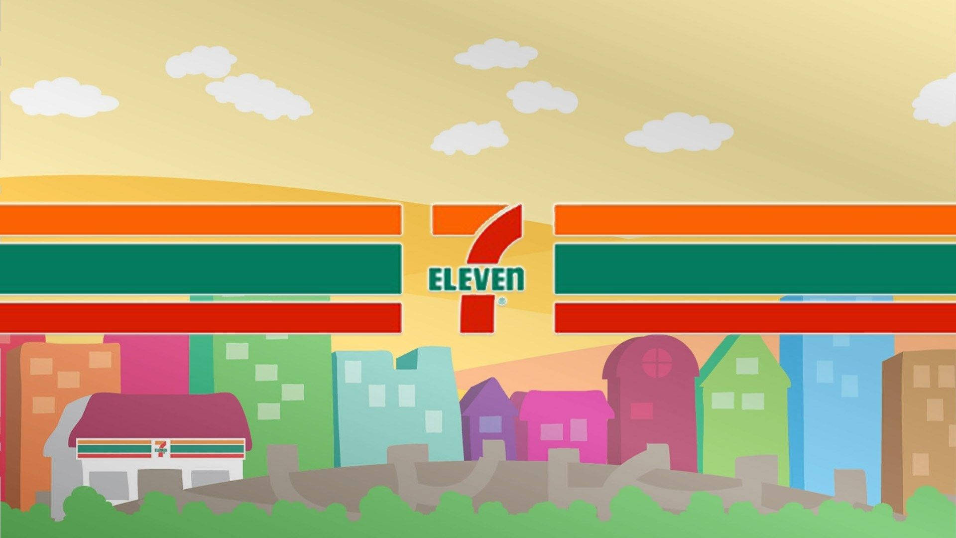 7 Eleven, cartoon cityscape, colorful buildings, Full HD Desktop Wallpaper