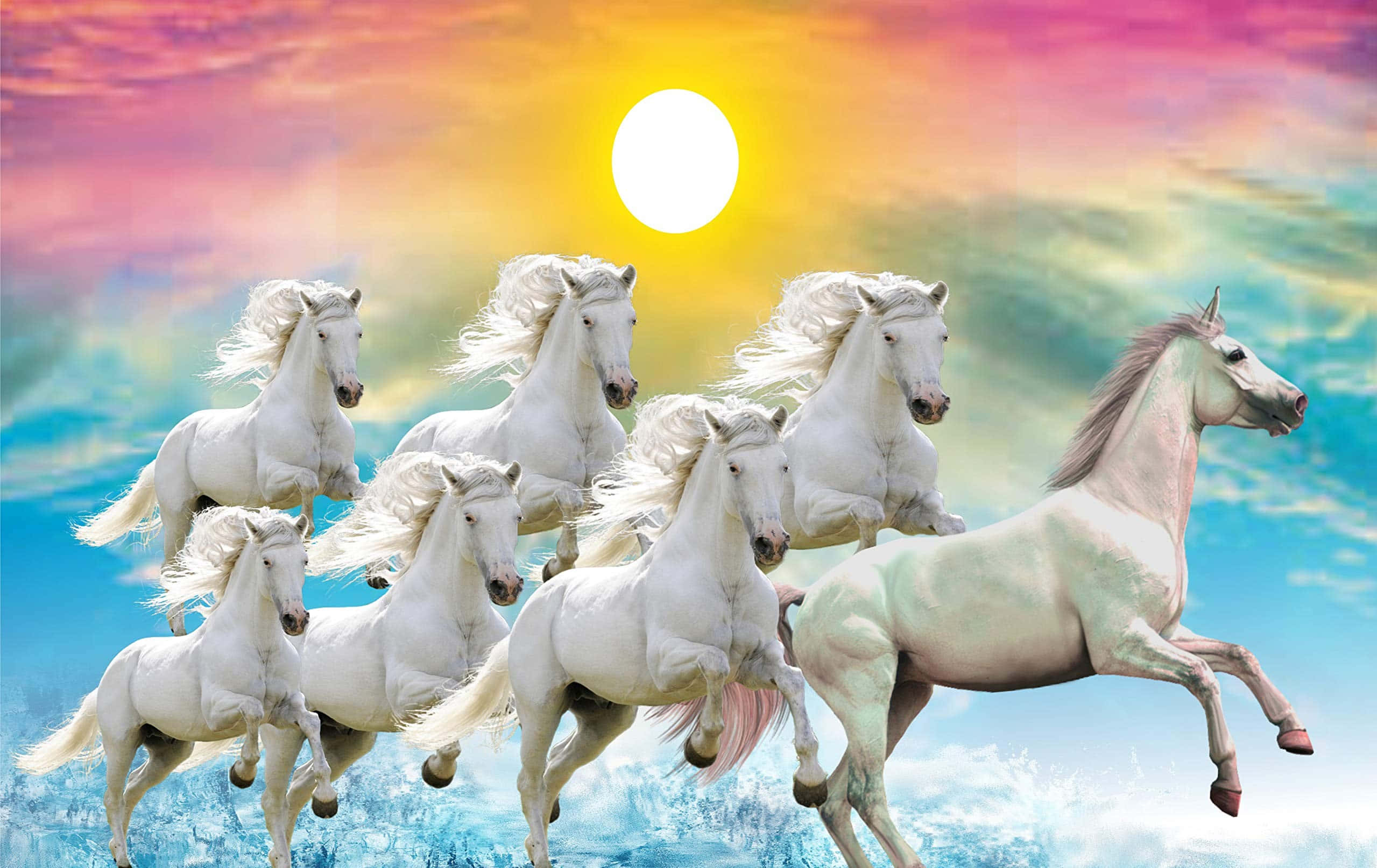 7 White Horses, colorful sky, surreal sky, Full HD Desktop Wallpaper