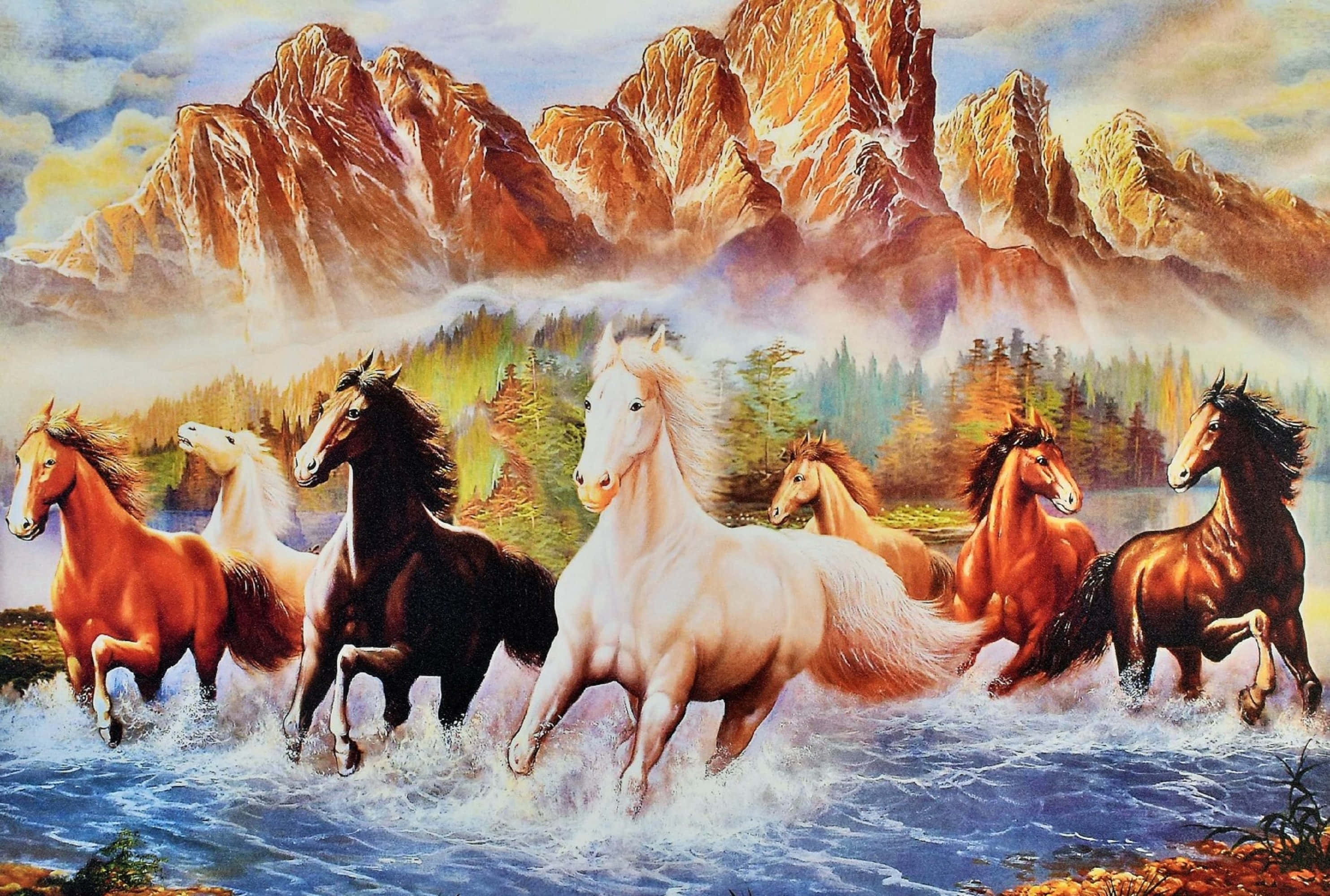 7 Horses, river, golden mountains, 2K Desktop Wallpaper