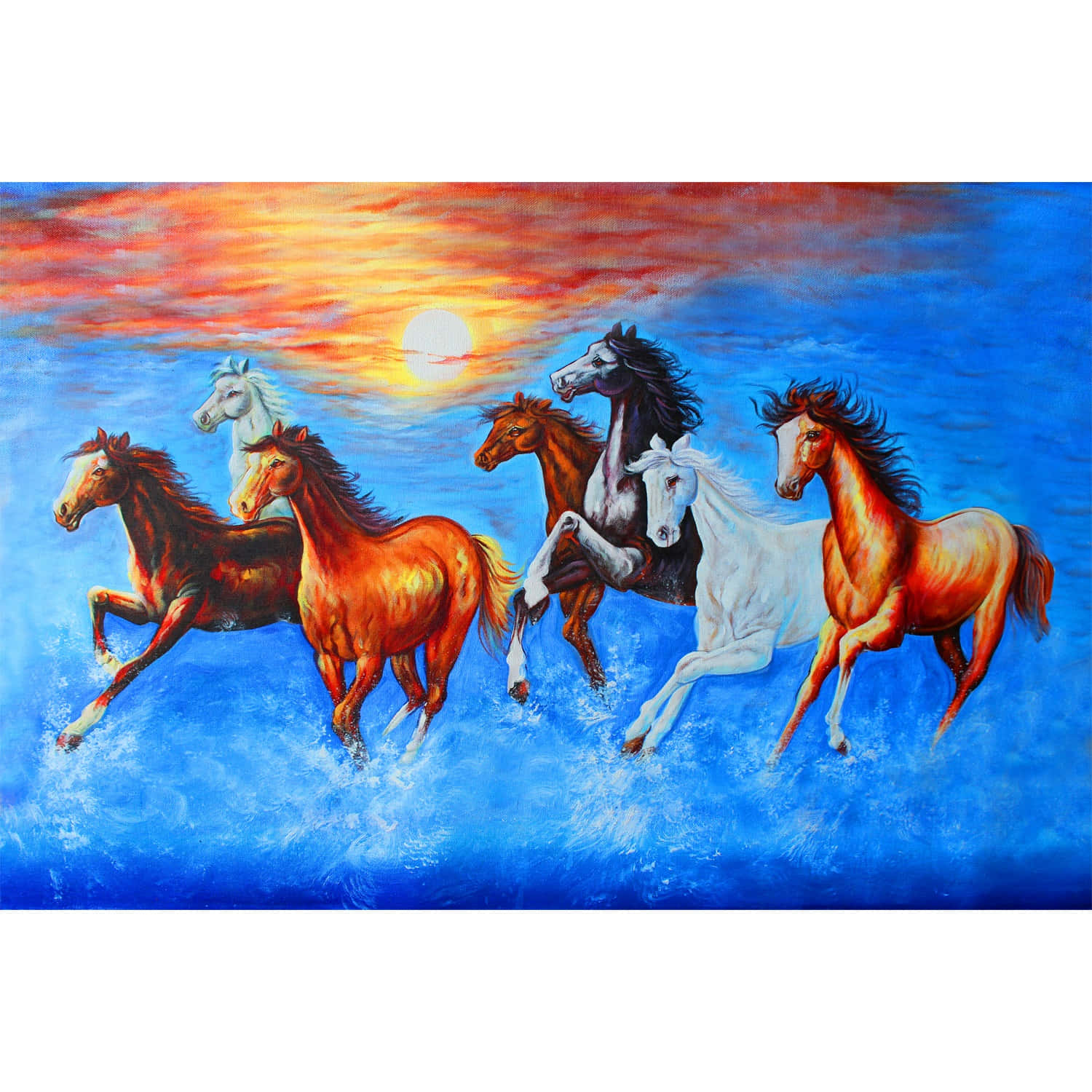 7 Horses, vibrant blue water, fiery orange and red sunset sky, HD Desktop Wallpaper