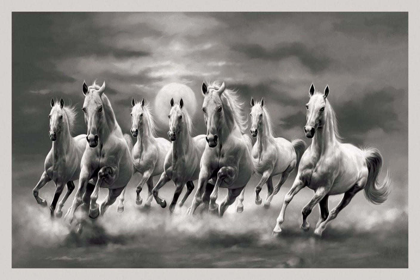 7 White Horses, full moon, misty clouds, HD Desktop Wallpaper