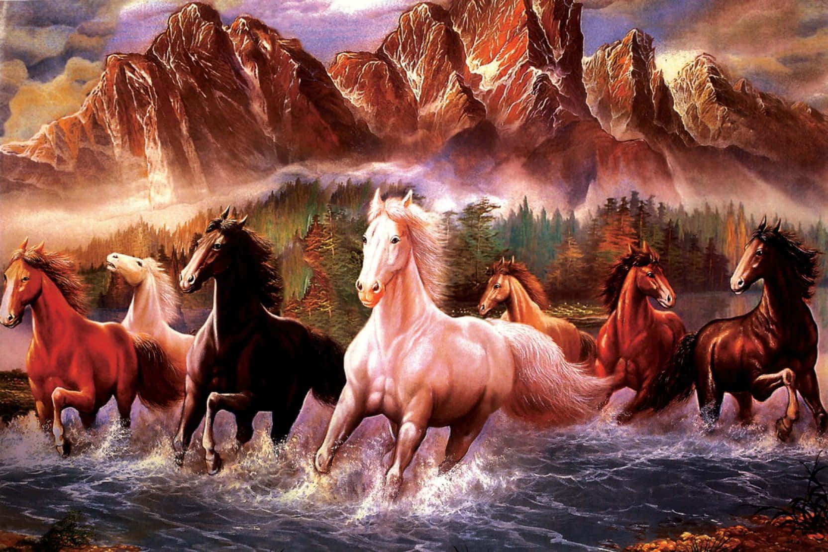 7 Horses, mountain, pine trees, HD Desktop Wallpaper
