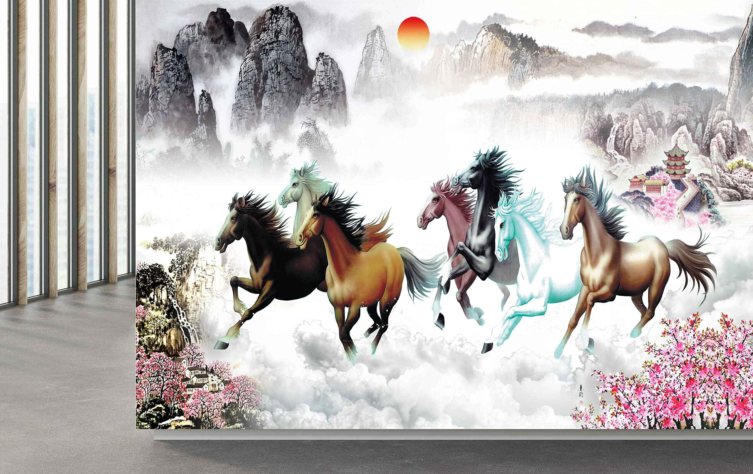 7 Horses, misty clouds, towering mountains, 2K Desktop Wallpaper