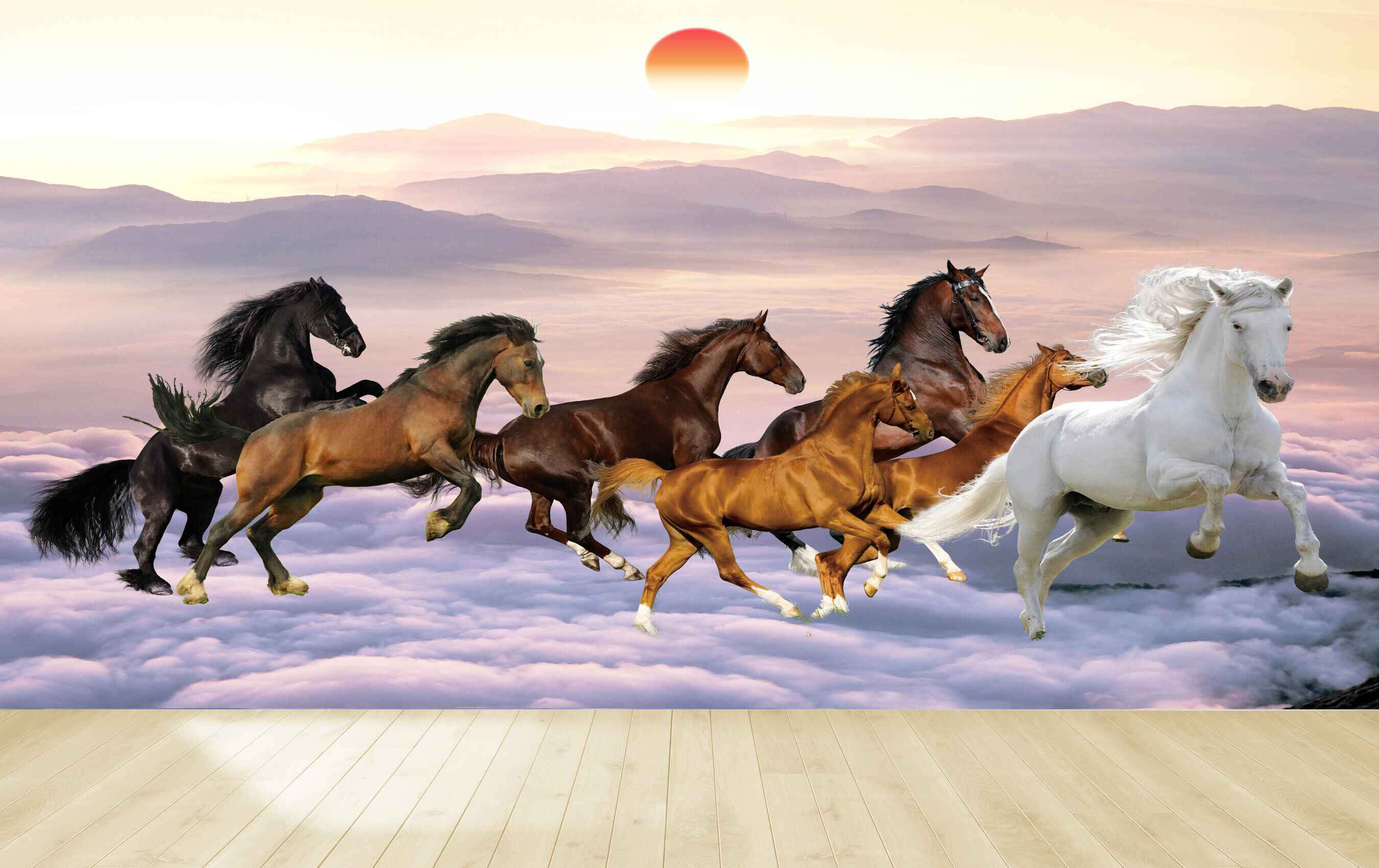 7 Horses, white cloud, glowing orange sun, 2K Desktop Wallpaper