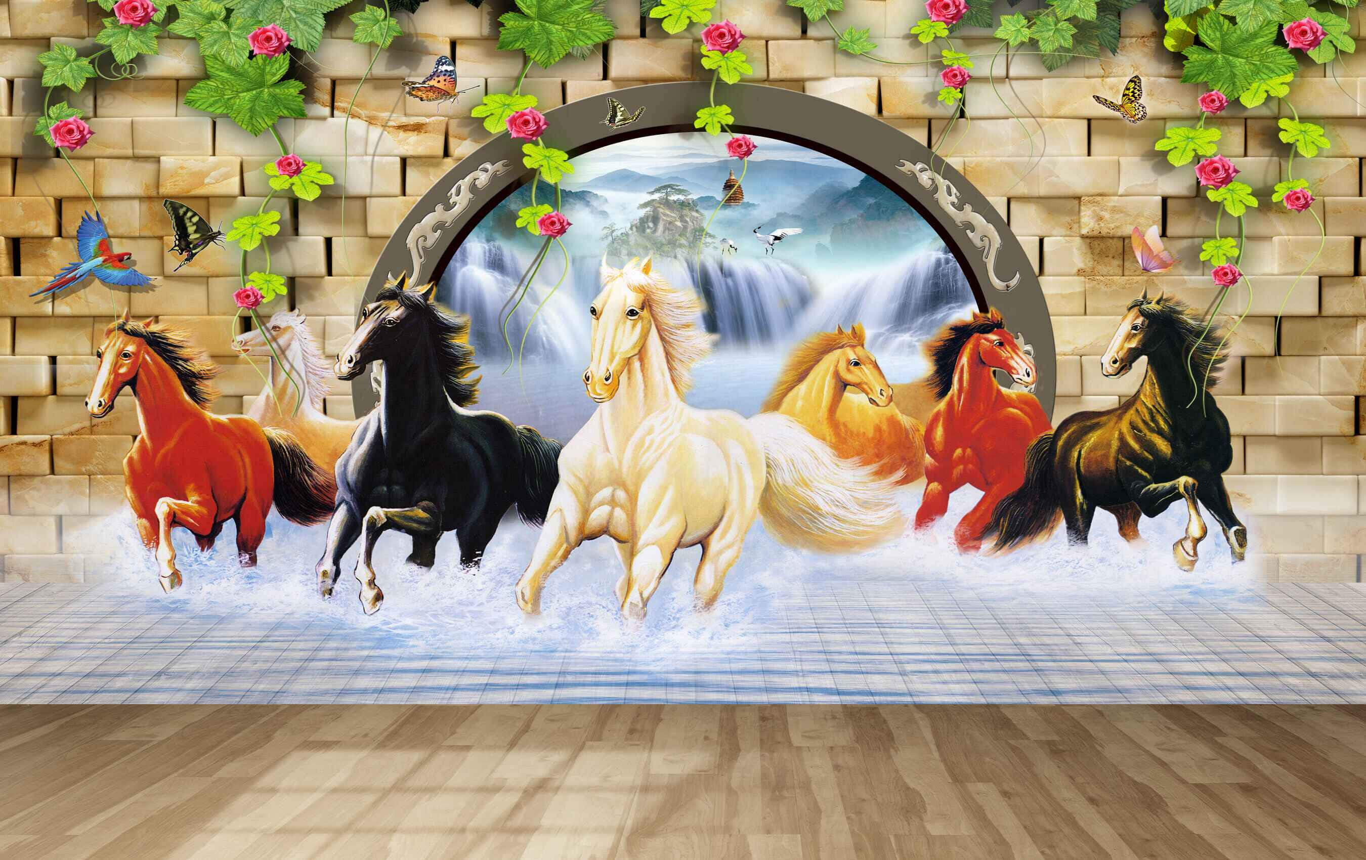 7 Horses, water, vine-framed arch, 2K Desktop Wallpaper