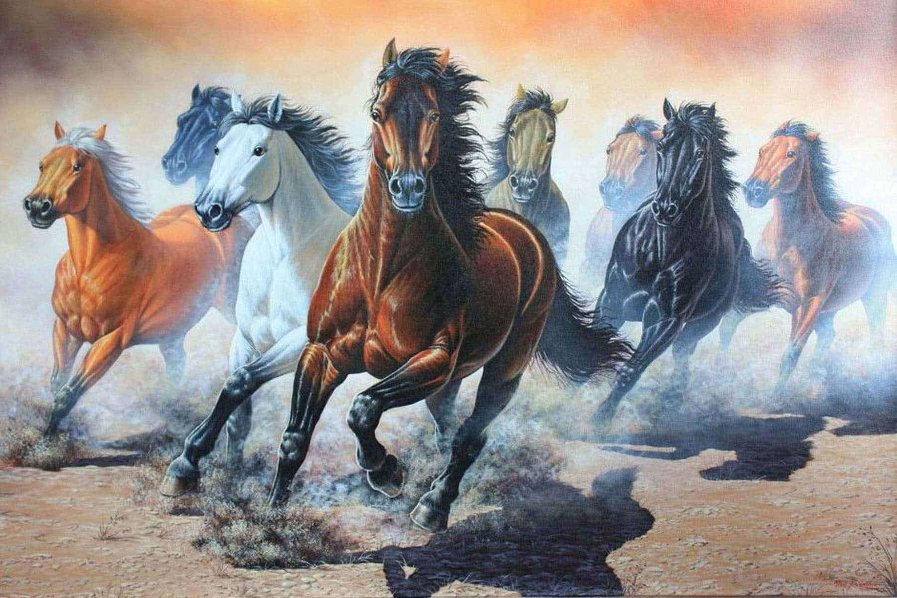 seven wild horses, dusty plain, fiery orange sky, HD Desktop Wallpaper